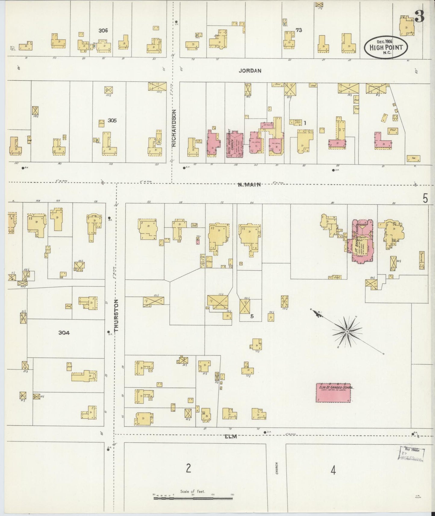 Sanborn Fire Insurance Map from High Point, Guilford County, North Carolina (1906), Sheet #0003 - Historic Sanborn Fire Insurance Map Print, vintage old map wall art, antique decor, genealogy gift, North Carolina North Carolina map