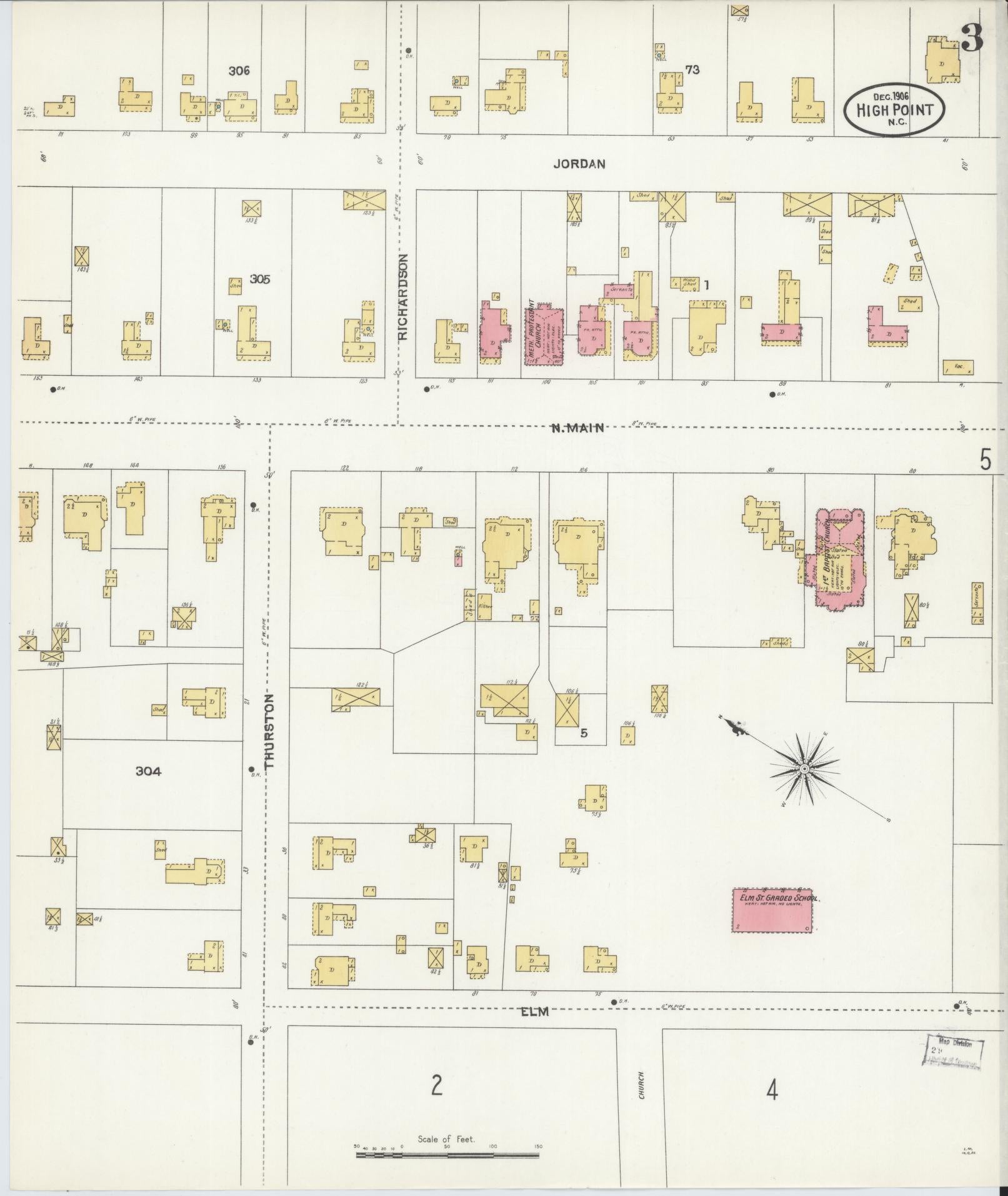 Sanborn Fire Insurance Map from High Point, Guilford County, North Carolina (1906), Sheet #0003 - Historic Sanborn Fire Insurance Map Print, vintage old map wall art, antique decor, genealogy gift, North Carolina North Carolina map