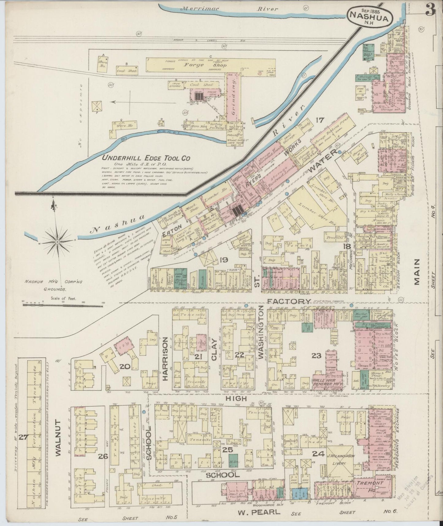 Sanborn Fire Insurance Map from Nashua, Hillsborough County, New Hampshire (1885), Sheet #0003 - Complete Map Set gallery image, historic Sanborn map, vintage wall art, New Hampshire New Hampshire