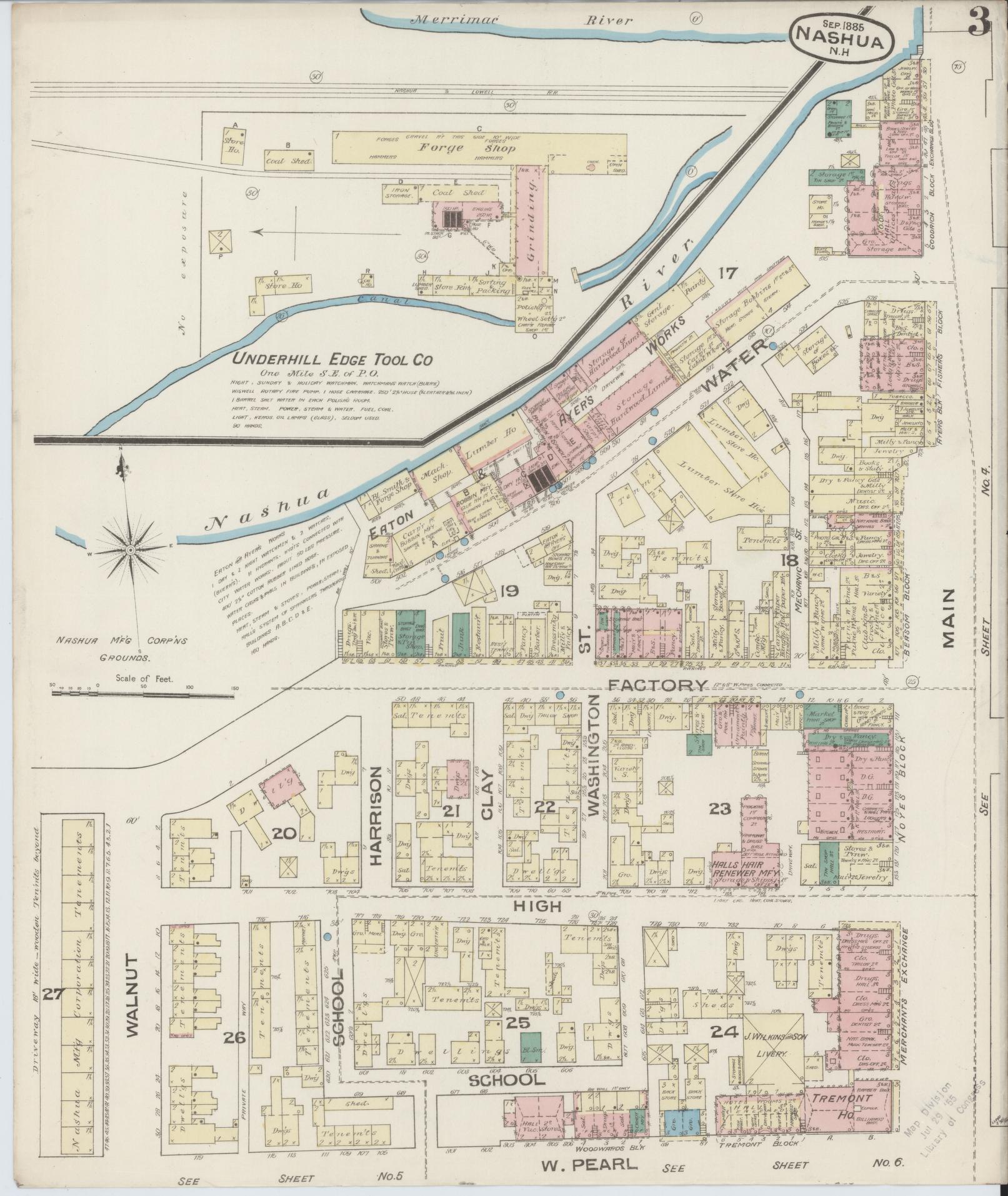 Sanborn Fire Insurance Map from Nashua, Hillsborough County, New Hampshire (1885), Sheet #0003 - Complete Map Set gallery image, historic Sanborn map, vintage wall art, New Hampshire New Hampshire
