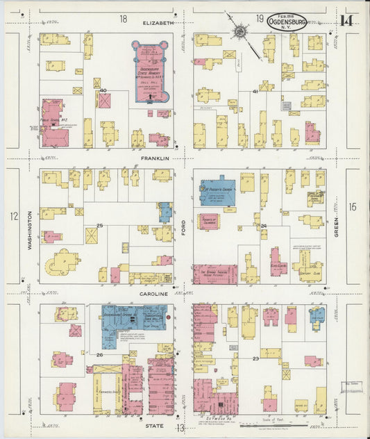 Sanborn Fire Insurance Map from Ogdensburg, St. Lawrence County, New York (1918), Sheet #0014 - Historic Sanborn Fire Insurance Map Print, vintage old map wall art, antique decor, genealogy gift, New York New York map