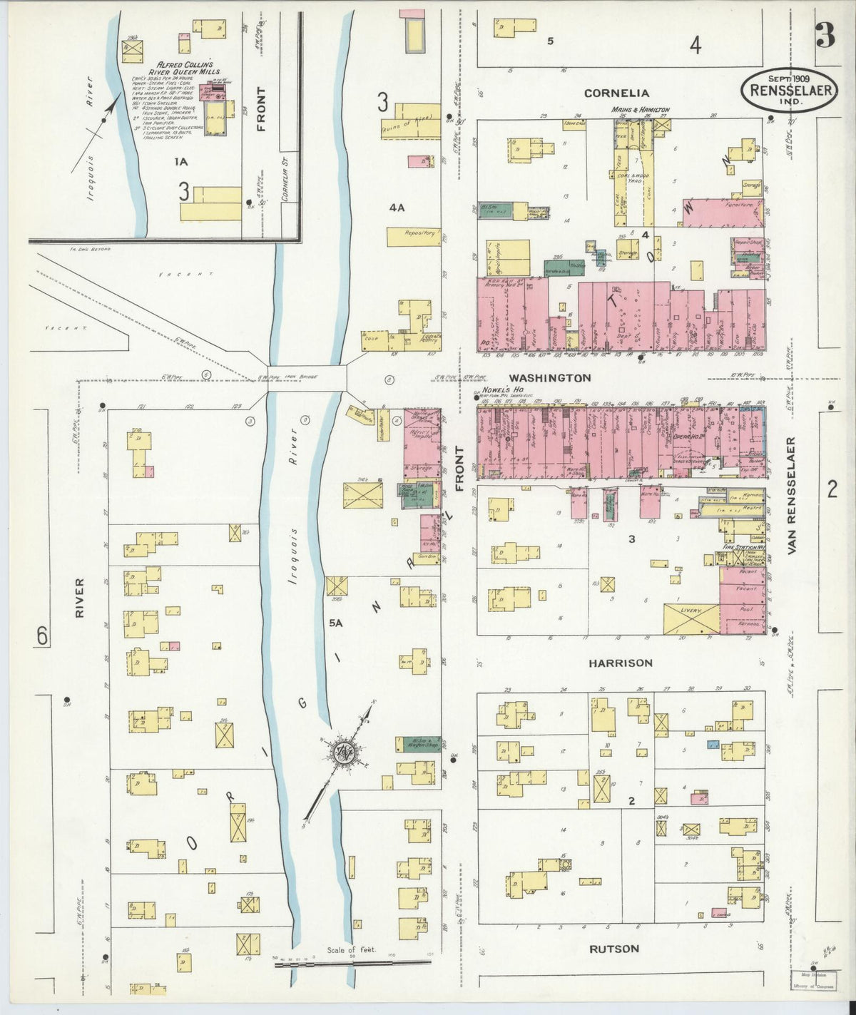 Sanborn Fire Insurance Map from Rensselaer, Jasper County, Indiana (1909), Sheet #0003 - Historic Sanborn Fire Insurance Map Print, vintage old map wall art, antique decor, genealogy gift, Indiana Indiana map
