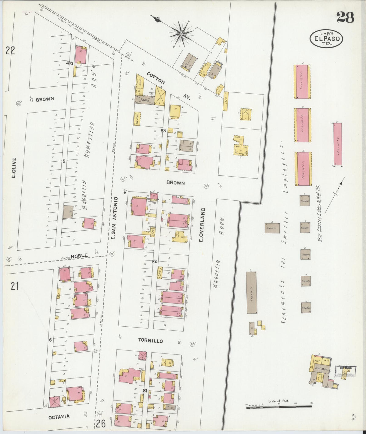Sanborn Fire Insurance Map from El Paso, El Paso County, Texas (1905), Sheet #0028 - Historic Sanborn Fire Insurance Map Print, vintage old map wall art, antique decor, genealogy gift, Texas Texas map