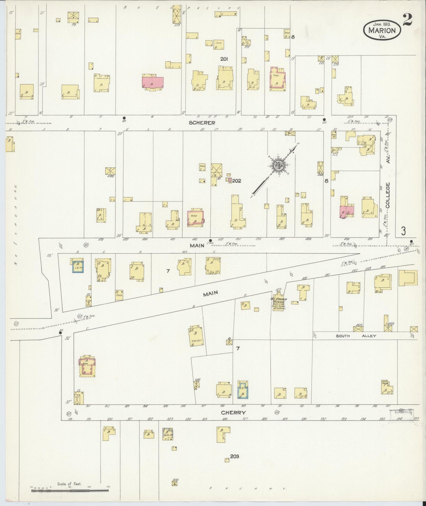 Sanborn Fire Insurance Map from Marion, Smyth County, Virginia (1913), Sheet #0002 - Historic Sanborn Fire Insurance Map Print, vintage old map wall art, antique decor, genealogy gift, Virginia Virginia map