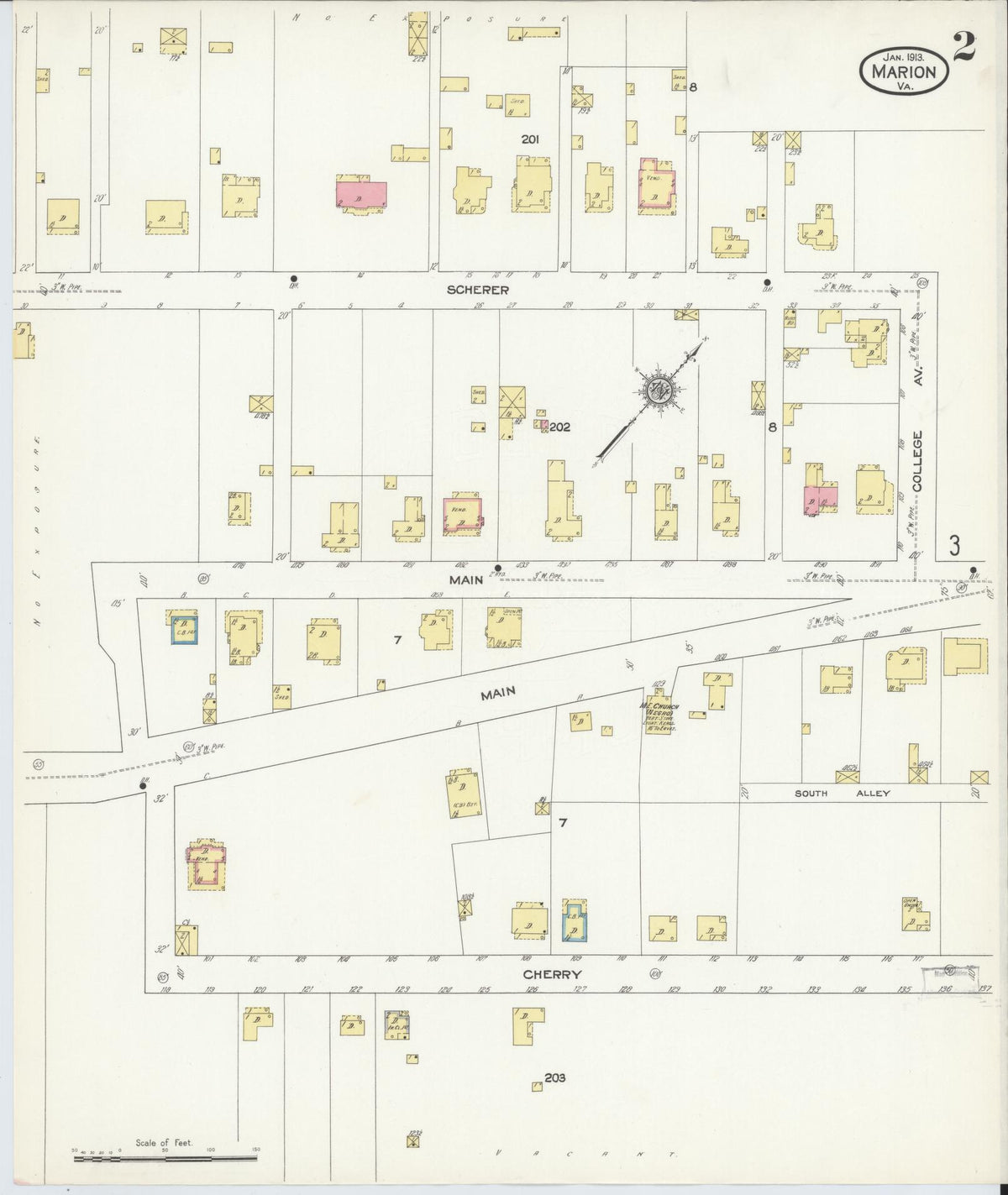 Sanborn Fire Insurance Map from Marion, Smyth County, Virginia (1913), Sheet #0002 - Historic Sanborn Fire Insurance Map Print, vintage old map wall art, antique decor, genealogy gift, Virginia Virginia map