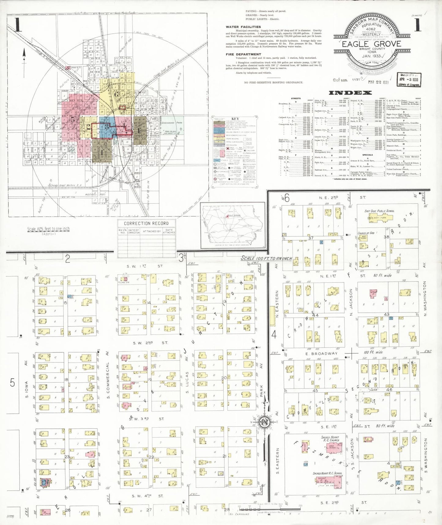 Sanborn Fire Insurance Map from Eagle Grove, Wright County, Iowa (1933), Sheet #0001 - Historic Sanborn Fire Insurance Map Print, vintage old map wall art
