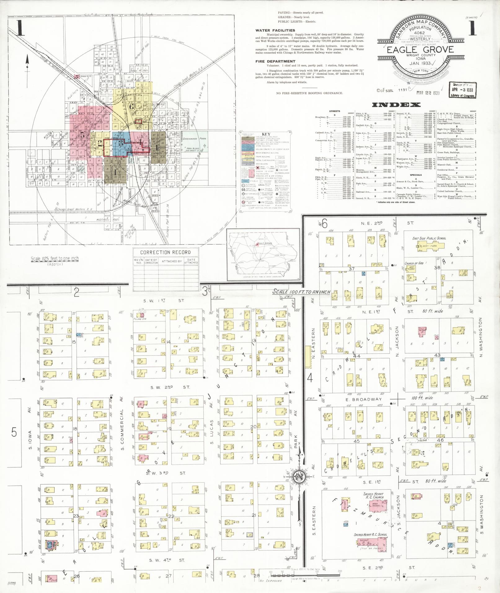 Sanborn Fire Insurance Map from Eagle Grove, Wright County, Iowa (1933), Sheet #0001 - Historic Sanborn Fire Insurance Map Print, vintage old map wall art