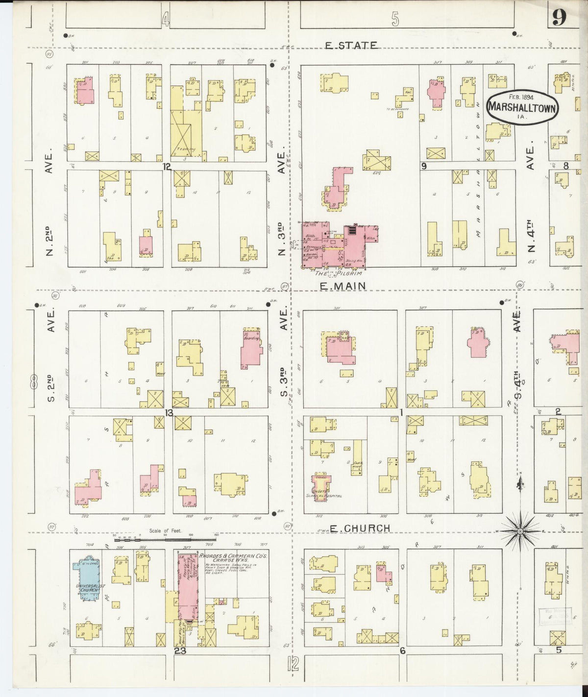 Sanborn Fire Insurance Map from Marshalltown, Marshall County, Iowa (1894), Sheet #0009 - Historic Sanborn Fire Insurance Map Print, vintage old map wall art