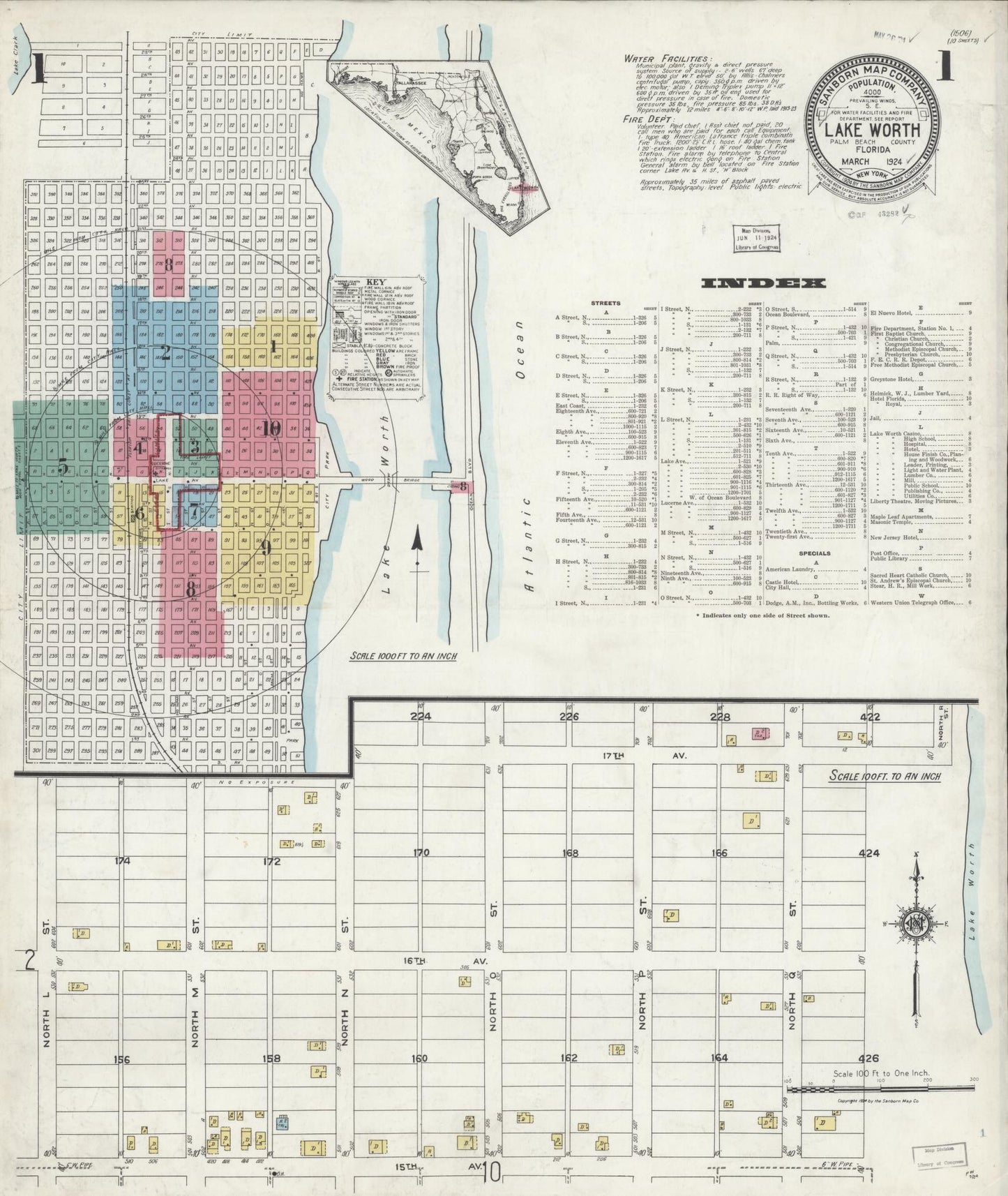 Sanborn Fire Insurance Map from Lake Worth, Palm Beach County, Florida (1924), Sheet #0001 - Complete Map Set gallery image, historic Sanborn map, vintage wall art, Florida Florida