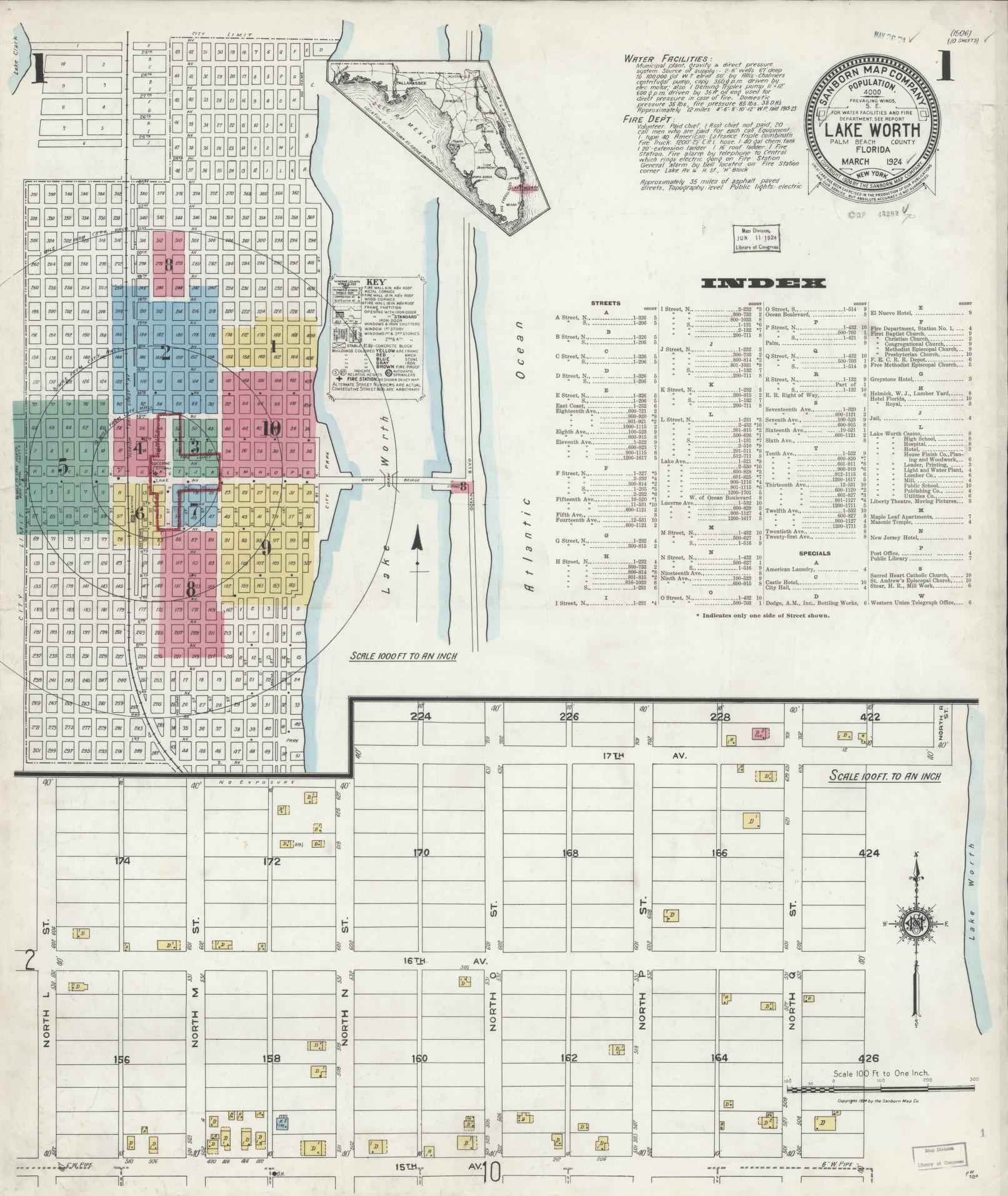 Sanborn Fire Insurance Map from Lake Worth, Palm Beach County, Florida (1924), Sheet #0001 - Complete Map Set gallery image, historic Sanborn map, vintage wall art, Florida Florida