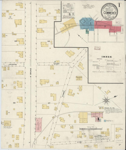 Sanborn Fire Insurance Map from Commerce, Jackson County, Georgia (1908), Sheet #0001 - Complete Map Set gallery image, historic Sanborn map, vintage wall art, Georgia Georgia