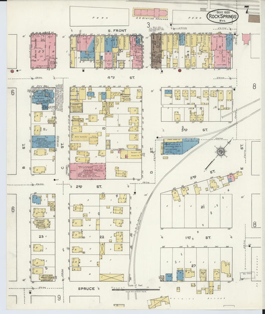 Sanborn Fire Insurance Map from Rock Springs, Sweetwater County, Wyoming (1920), Sheet #0007 - Historic Sanborn Fire Insurance Map Print, vintage old map wall art, antique decor, genealogy gift, Wyoming Wyoming map