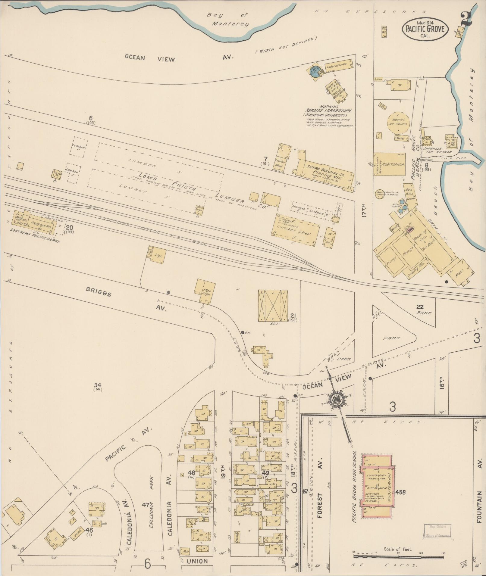 Sanborn Fire Insurance Map from Pacific Grove, Monterey County, California (1914), Sheet #0002 - Complete Map Set gallery image, historic Sanborn map, vintage wall art, California California