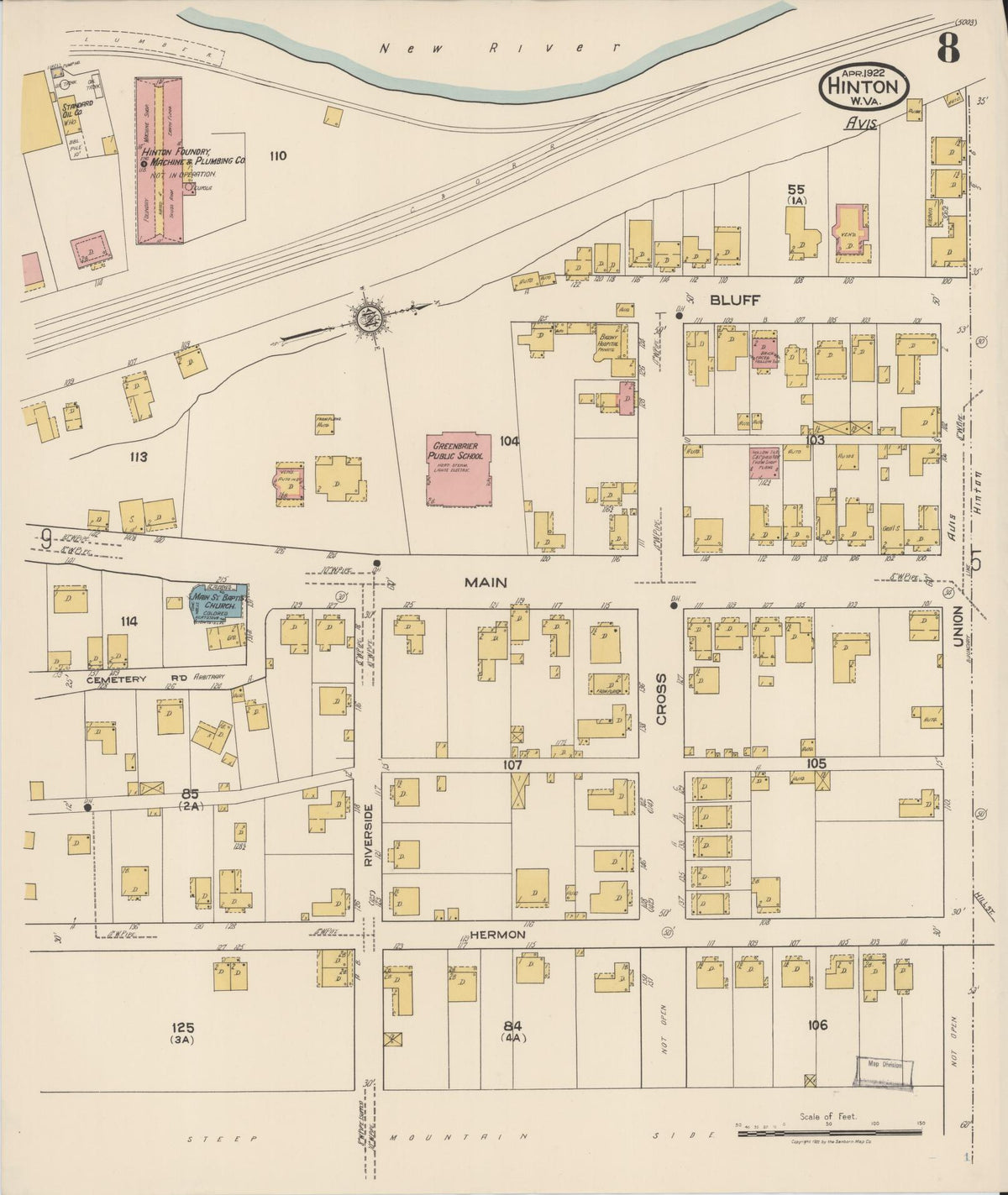 Sanborn Fire Insurance Map from Hinton, Summer County, West Virginia (1922), Sheet #0008 - Complete Map Set gallery image, historic Sanborn map, vintage wall art, West Virginia West Virginia