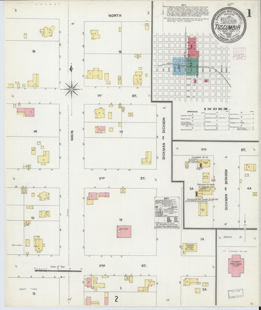 Sanborn Fire Insurance Map from Tuscumbia, Colbert County, Alabama (1905), Sheet #0001 - Complete Map Set gallery image, historic Sanborn map, vintage wall art, Alabama Alabama