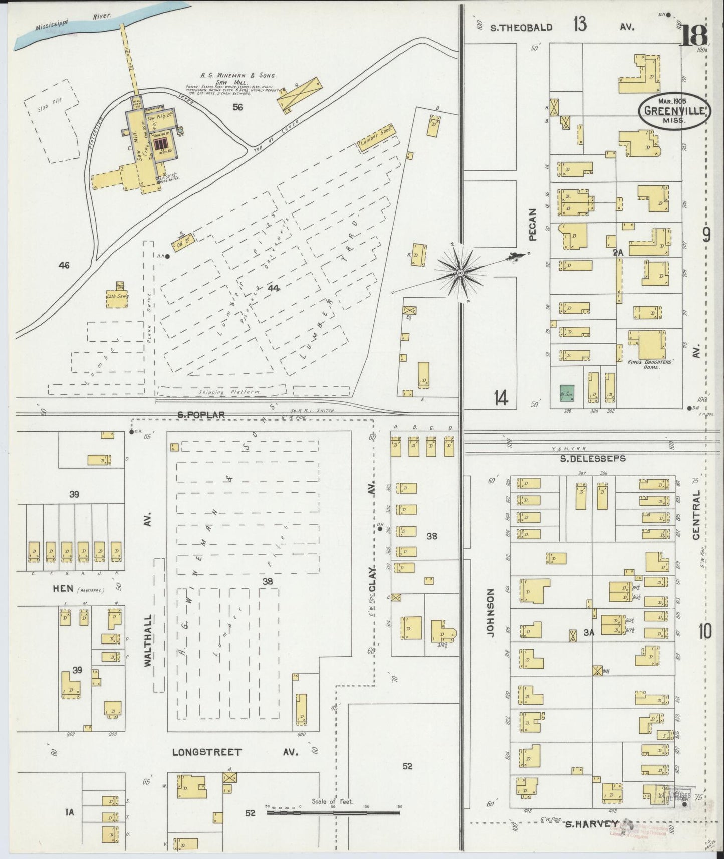 Sanborn Fire Insurance Map from Greenville, Washington County, Mississippi (1905), Sheet #0018 - Complete Map Set gallery image, historic Sanborn map, vintage wall art, Mississippi Mississippi