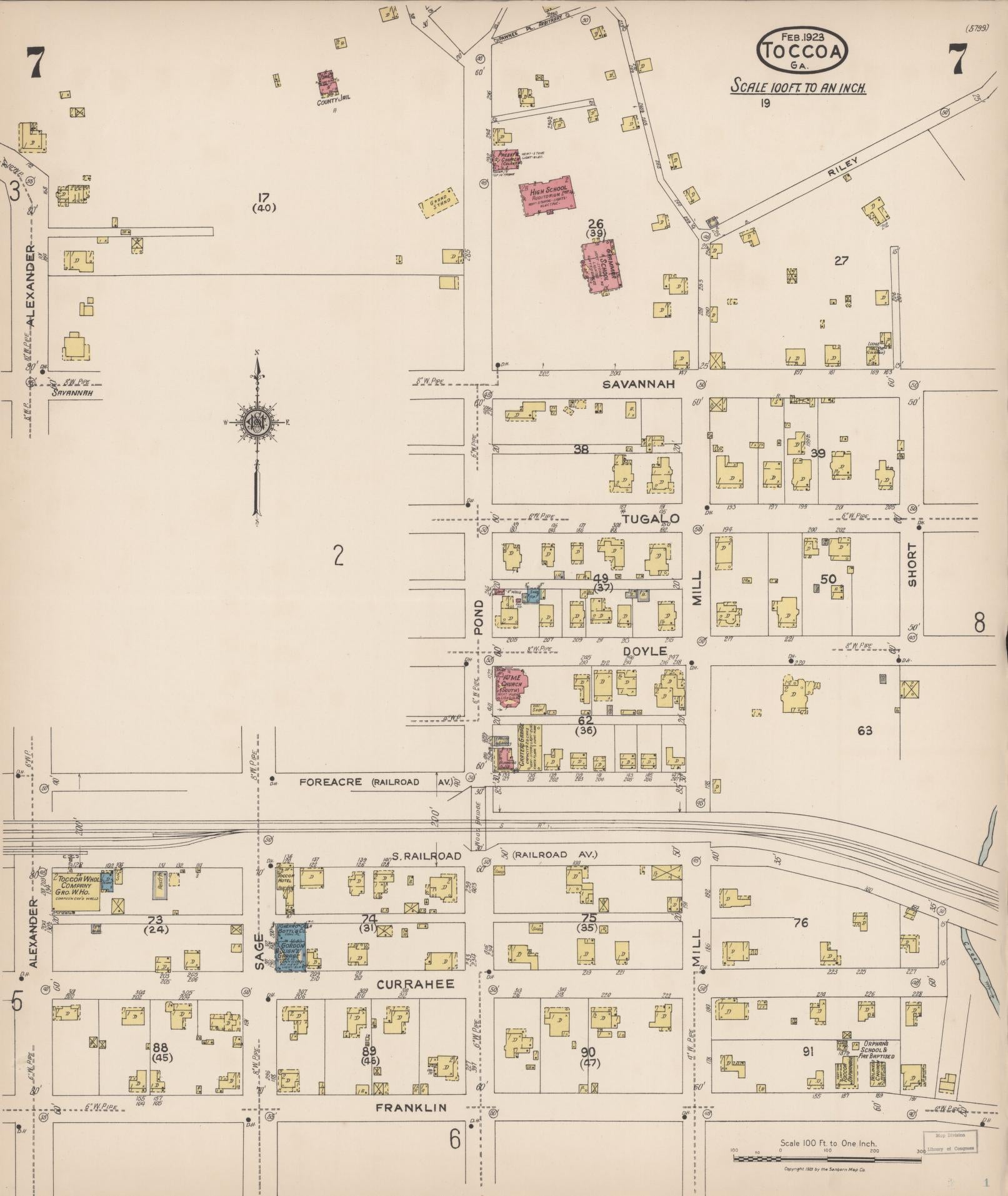 Sanborn Fire Insurance Map from Toccoa, Stephens County, Georgia (1923), Sheet #0007 - Complete Map Set gallery image, historic Sanborn map, vintage wall art, Georgia Georgia