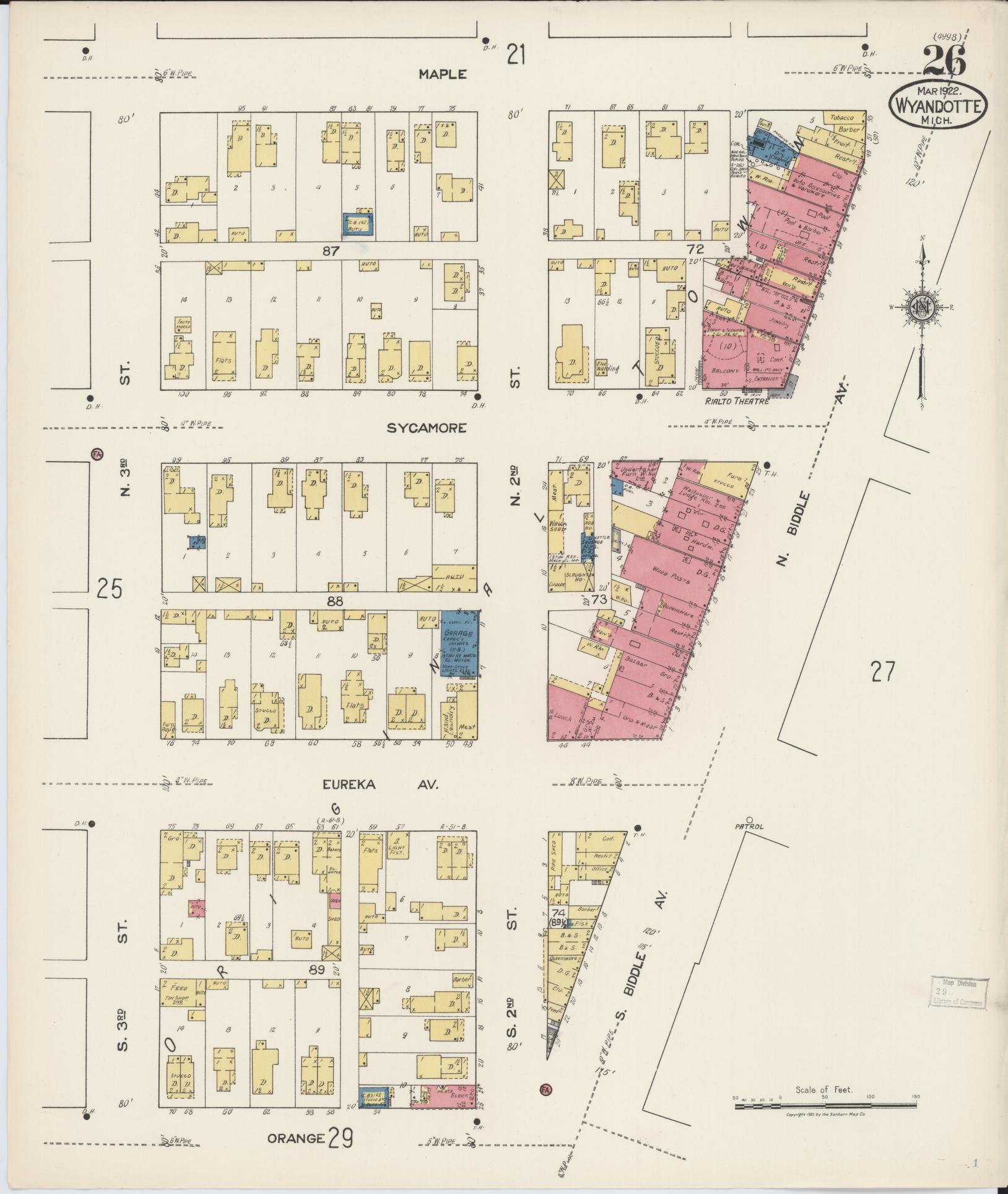 Sanborn Fire Insurance Map from Wyandotte, Wayne County, Michigan (1922), Sheet #0026 - Historic Sanborn Fire Insurance Map Print, vintage old map wall art, antique decor, genealogy gift, Michigan Michigan map