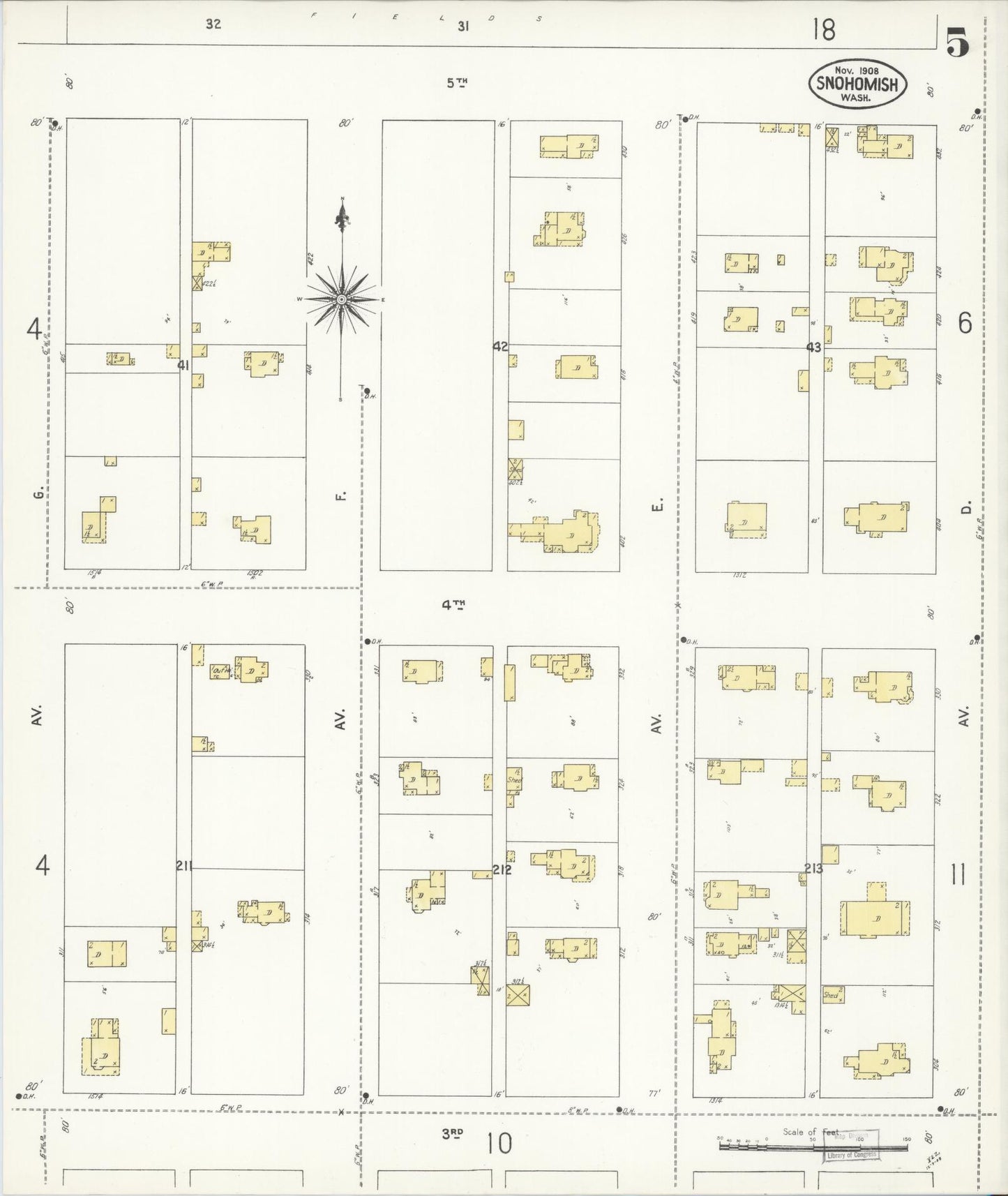 Sanborn Fire Insurance Map from Snohomish, Snohomish County, Washington (1908), Sheet #0005 - Historic Sanborn Fire Insurance Map Print, vintage old map wall art, antique decor, genealogy gift, Washington Washington map
