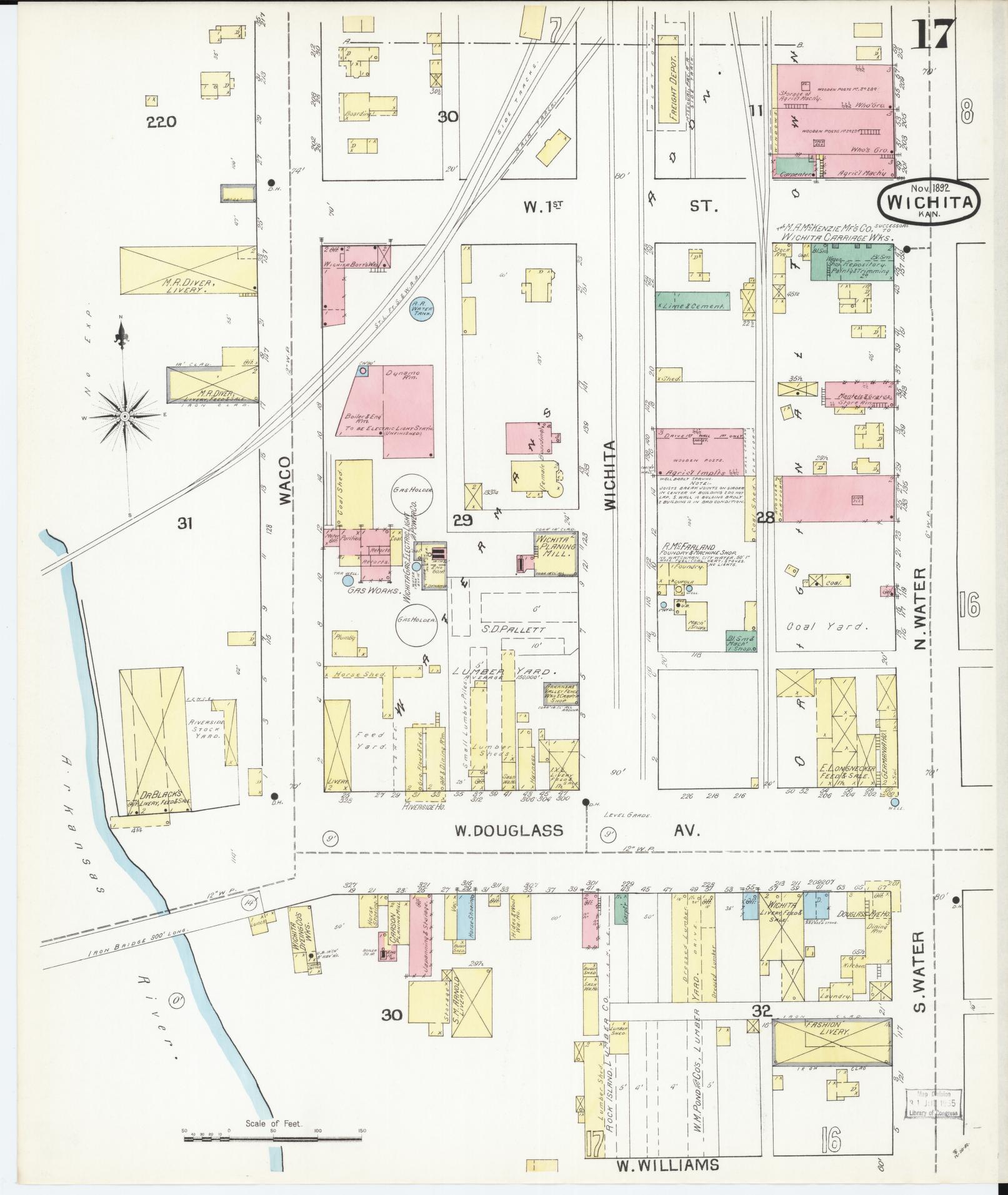 Sanborn Fire Insurance Map from Wichita, Sedgwick County, Kansas (1892), Sheet #0017 - Complete Map Set gallery image, historic Sanborn map, vintage wall art, Kansas Kansas