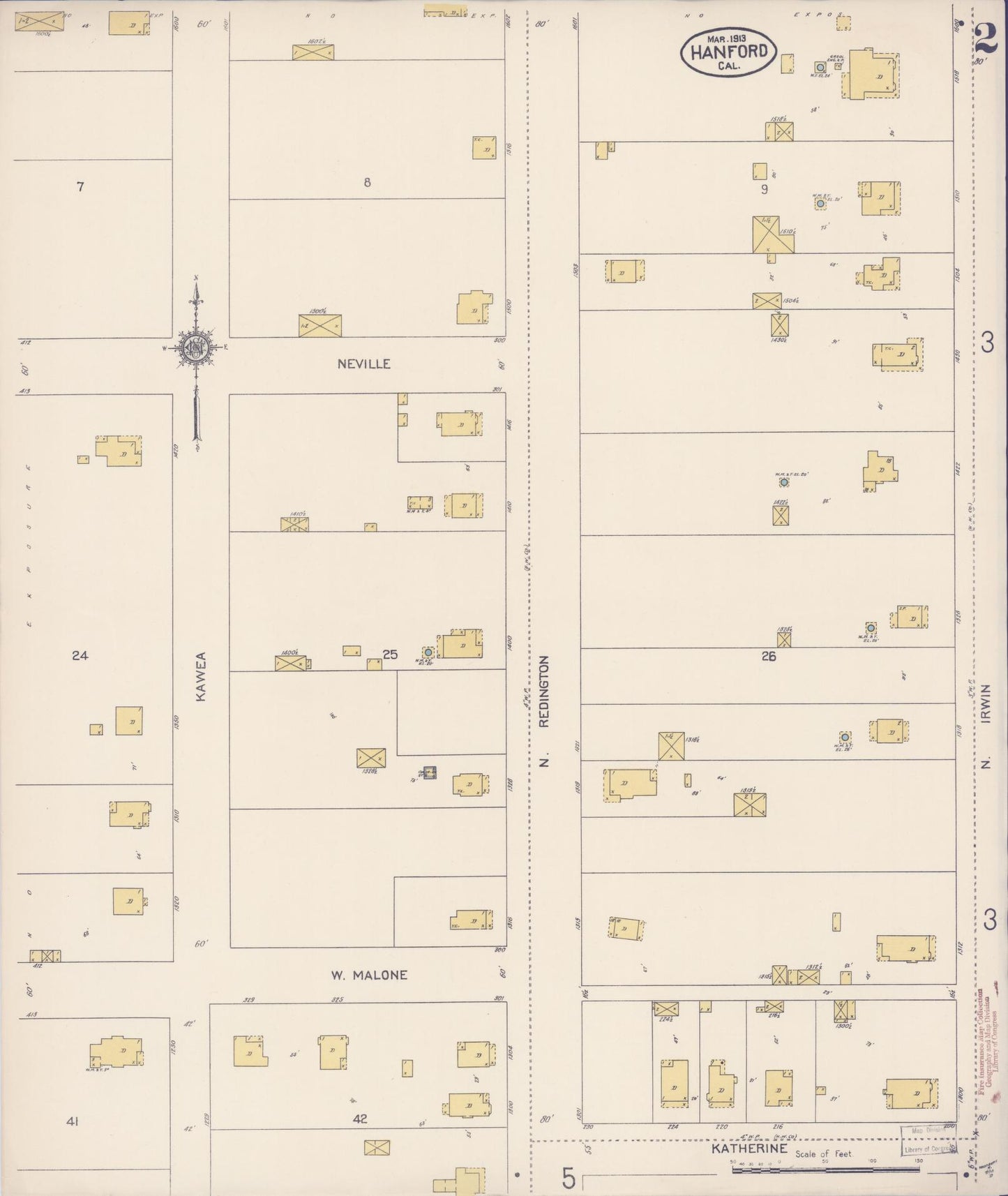 Sanborn Fire Insurance Map from Hanford, Kings County, California (1913), Sheet #0002 - Historic Sanborn Fire Insurance Map Print, vintage old map wall art, antique decor, genealogy gift, California California map