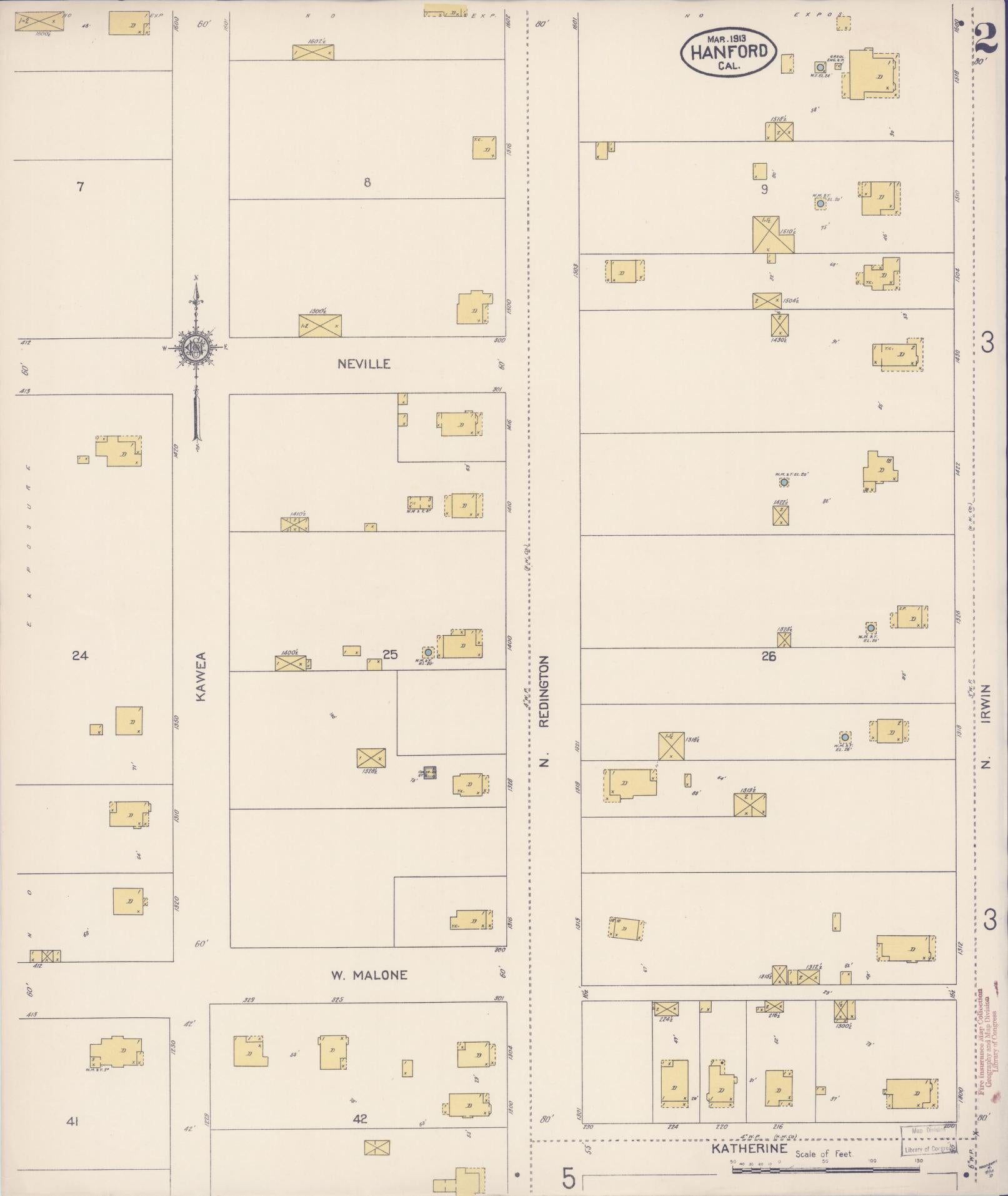 Sanborn Fire Insurance Map from Hanford, Kings County, California (1913), Sheet #0002 - Historic Sanborn Fire Insurance Map Print, vintage old map wall art, antique decor, genealogy gift, California California map