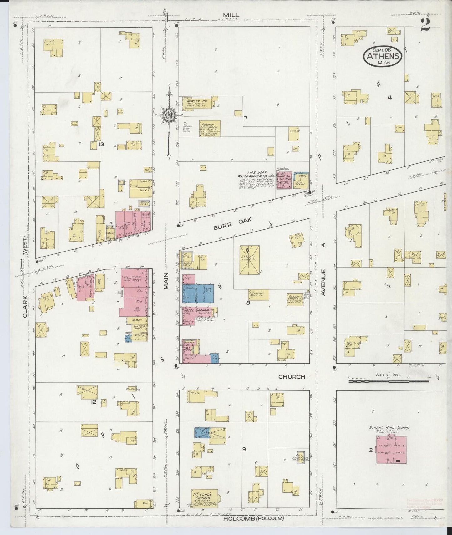 Sanborn Fire Insurance Map from Athens, Calhoun County, Michigan (1916), Sheet #0002 - Historic Sanborn Fire Insurance Map Print, vintage old map wall art, antique decor, genealogy gift, Michigan Michigan map