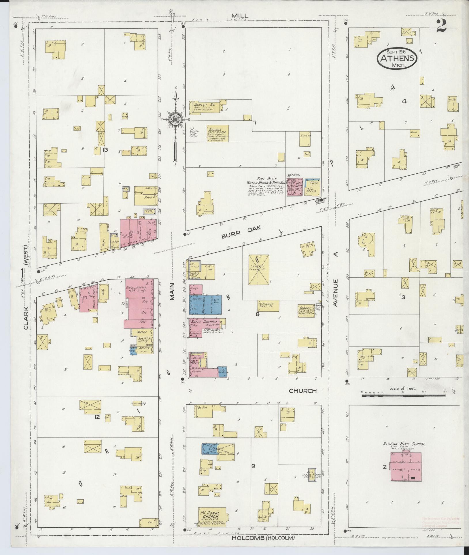 Sanborn Fire Insurance Map from Athens, Calhoun County, Michigan (1916), Sheet #0002 - Historic Sanborn Fire Insurance Map Print, vintage old map wall art, antique decor, genealogy gift, Michigan Michigan map