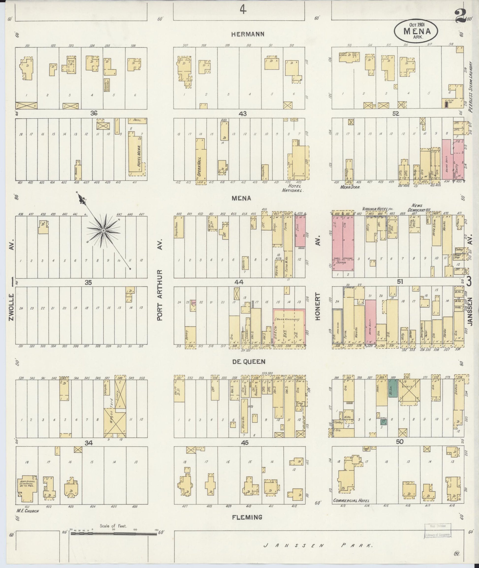 Sanborn Fire Insurance Map from Mena, Polk County, Arkansas (1901), Sheet #0002 - Historic Sanborn Fire Insurance Map Print, vintage old map wall art, antique decor, genealogy gift, Arkansas Arkansas map