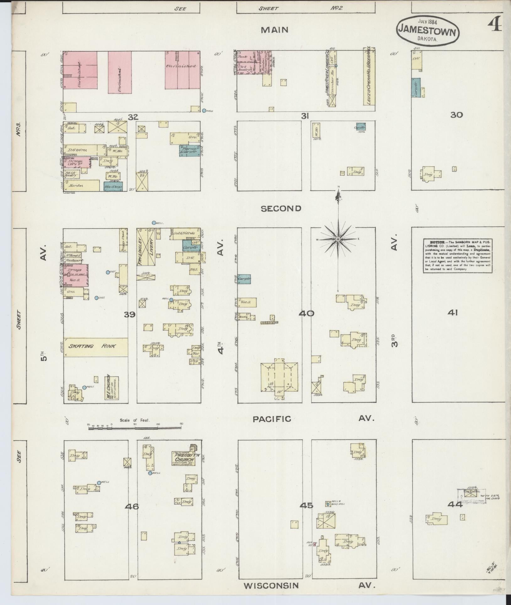 Sanborn Fire Insurance Map from Jamestown, Stutsman County, North Dakota (1884), Sheet #0004 - Historic Sanborn Fire Insurance Map Print, vintage old map wall art, antique decor, genealogy gift, North Dakota North Dakota map