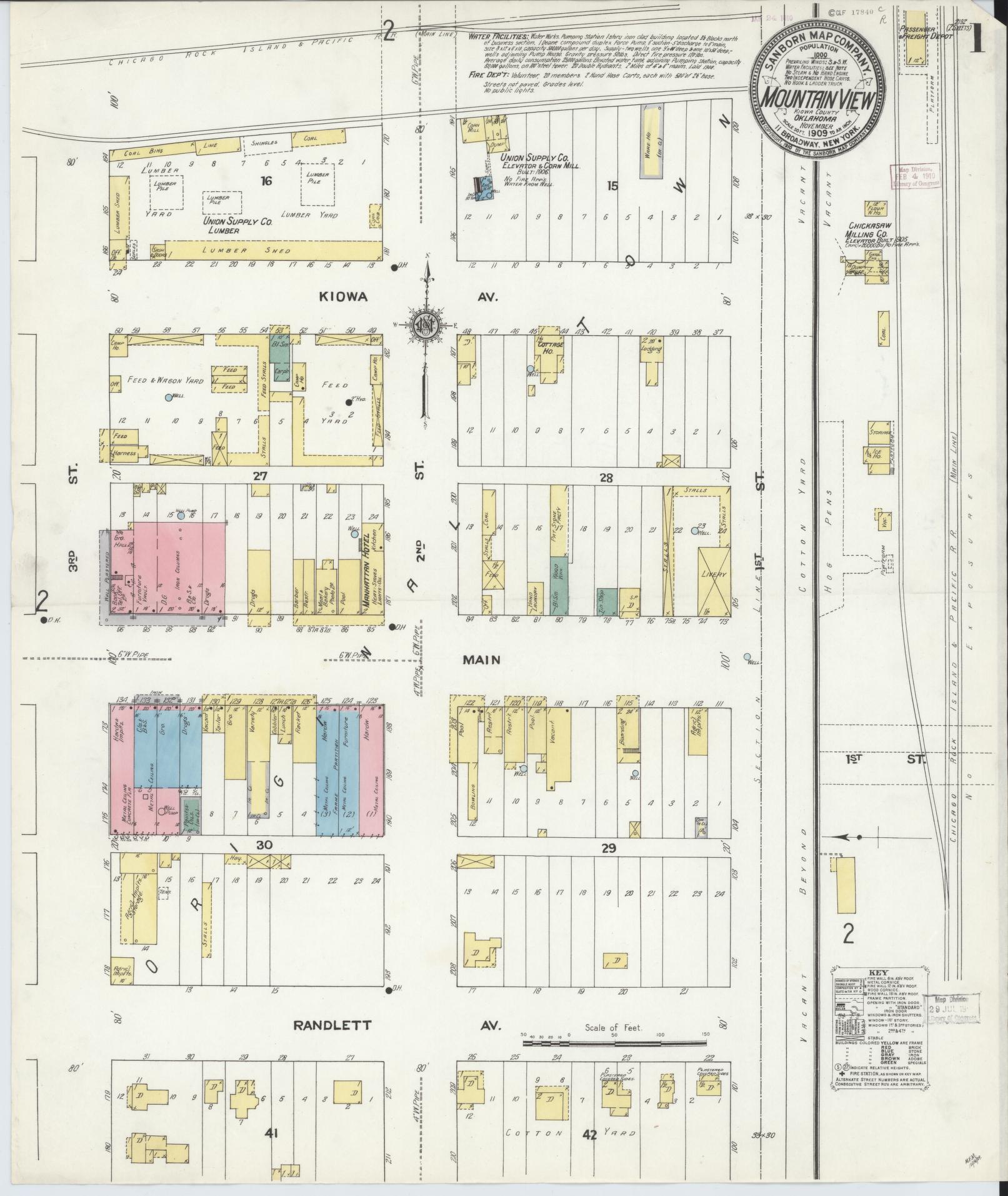 Sanborn Fire Insurance Map from Mountain View, Kiowa County, Oklahoma (1909), Sheet #0001 - Complete Map Set gallery image, historic Sanborn map, vintage wall art, Oklahoma Oklahoma