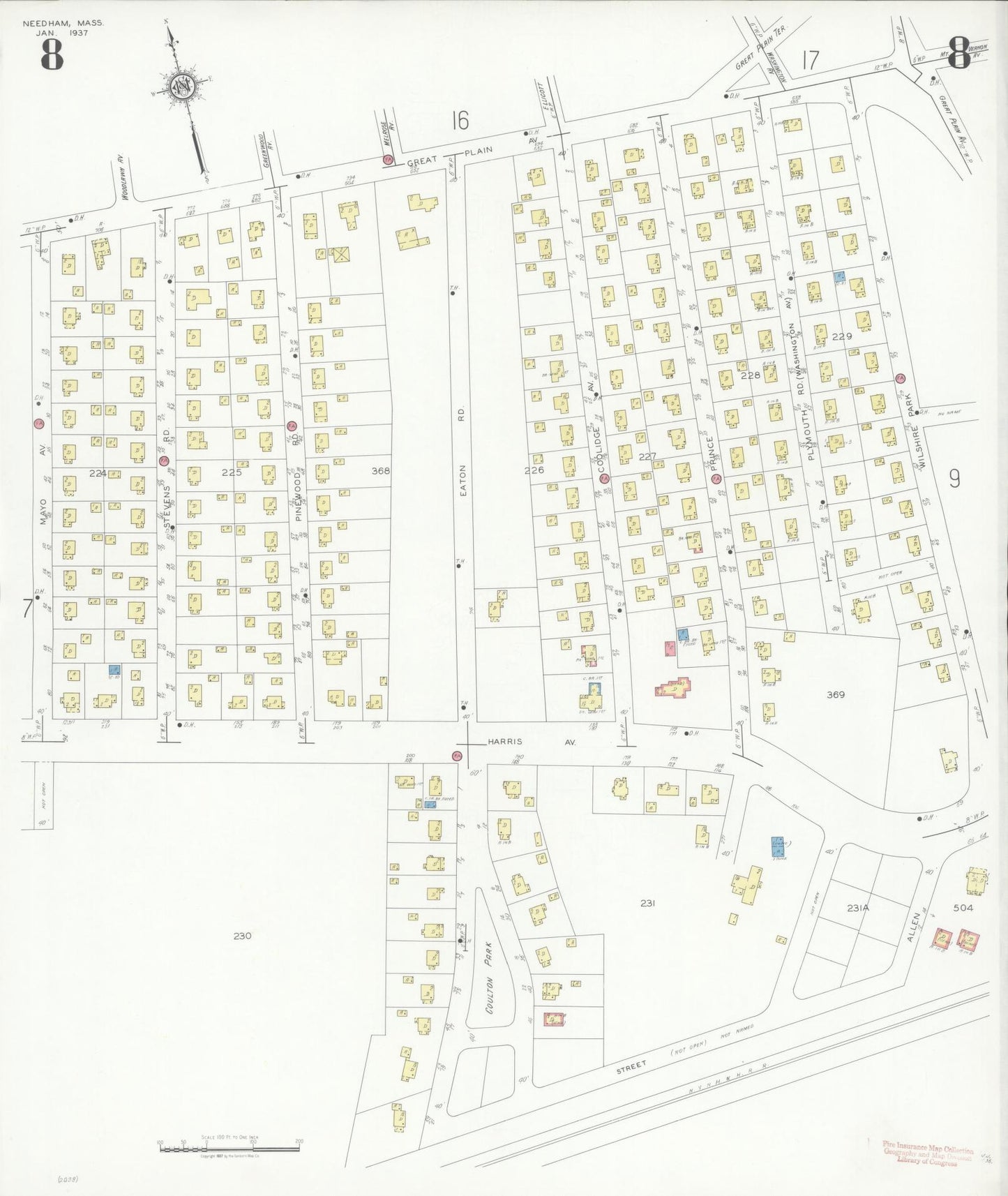 Sanborn Fire Insurance Map from Needham, Norfolk County, Massachusetts (1937), Sheet #0008 - Historic Sanborn Fire Insurance Map Print, vintage old map wall art, antique decor, genealogy gift, Massachusetts Massachusetts map