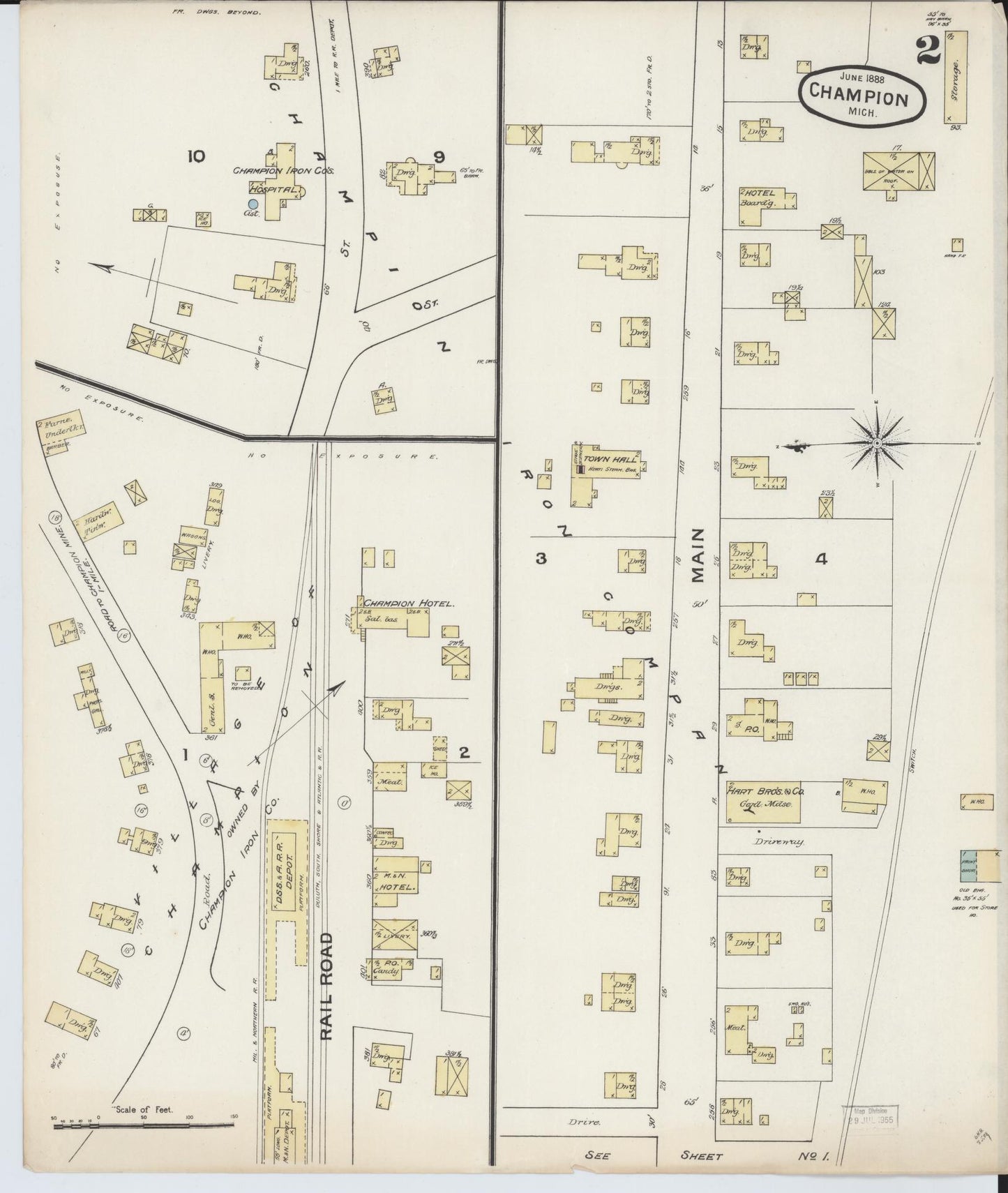 Sanborn Fire Insurance Map from Champion, Marquette County, Michigan (1888), Sheet #0002 - Complete Map Set gallery image, historic Sanborn map, vintage wall art, Michigan Michigan