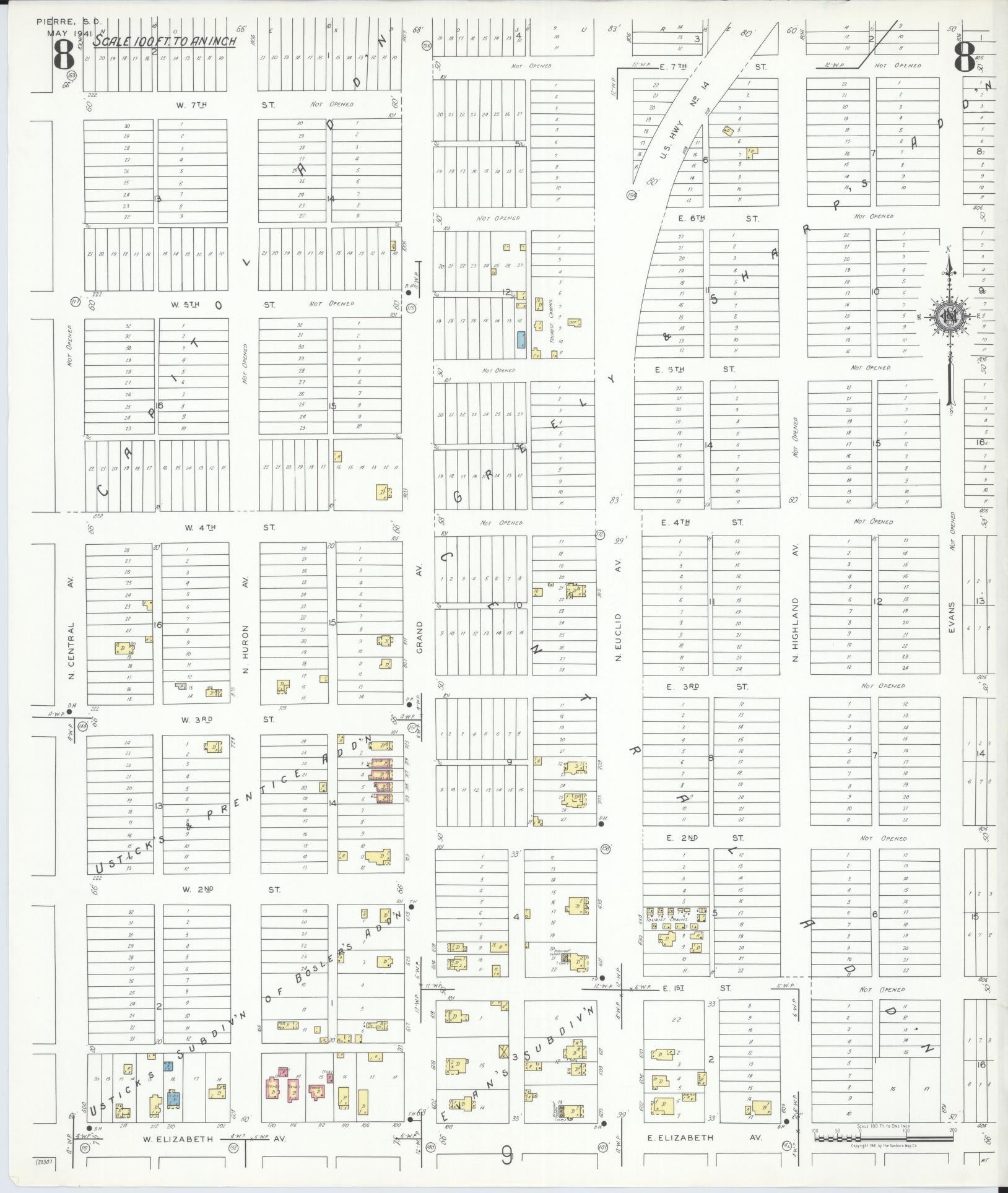 Sanborn Fire Insurance Map from Pierre, Hughes County, South Dakota (1941), Sheet #0008 - Historic Sanborn Fire Insurance Map Print, vintage old map wall art, antique decor, genealogy gift, South Dakota South Dakota map