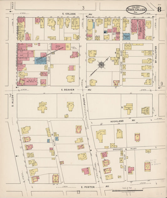 Sanborn Fire Insurance Map from State College, Centre County, Pennsylvania (1922), Sheet #0008 - Historic Sanborn Fire Insurance Map Print, vintage old map wall art, antique decor, genealogy gift, Pennsylvania Pennsylvania map