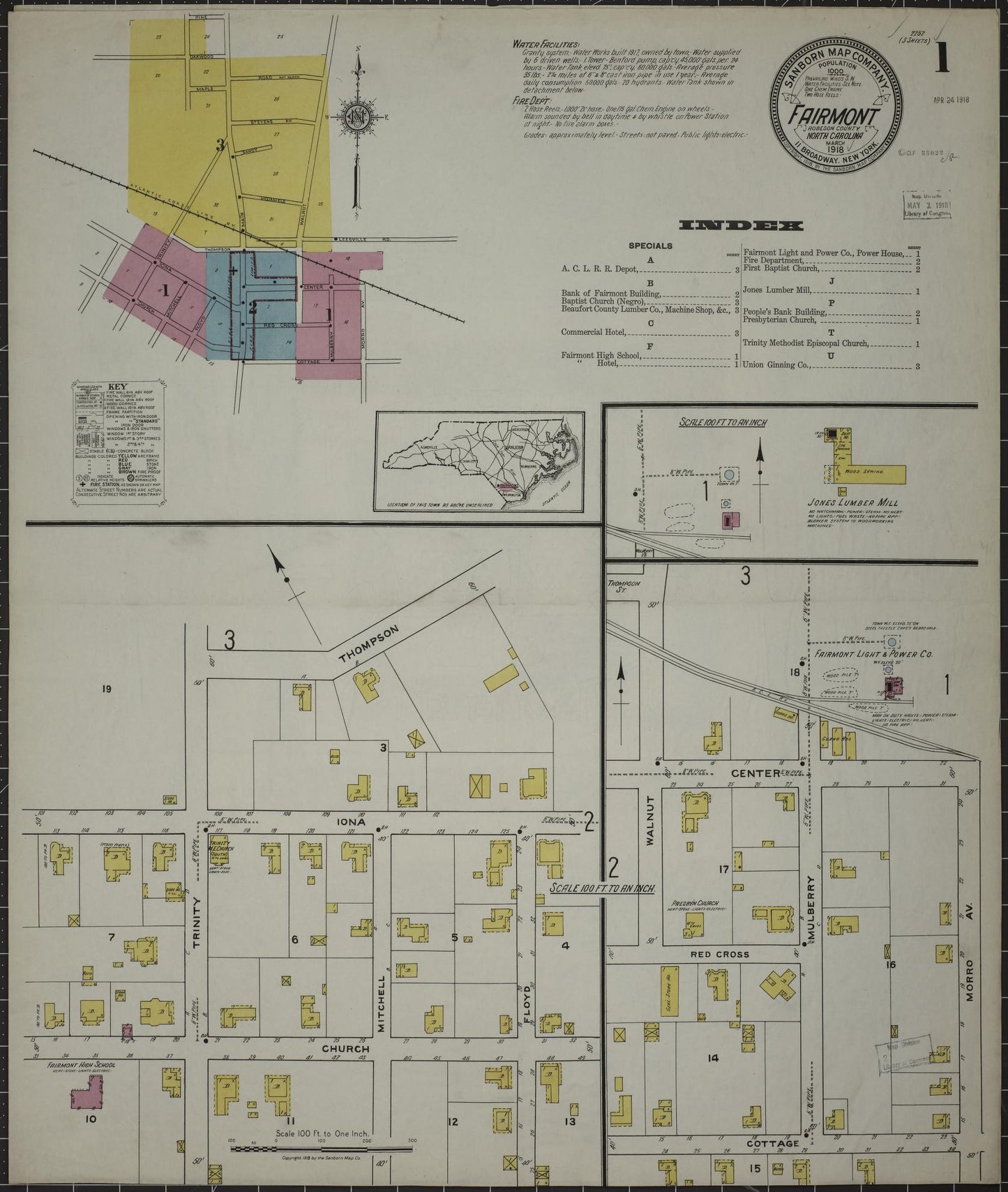 Sanborn Fire Insurance Map from Fairmont, Robeson County, North Carolina (1918), Sheet #0001 - Historic Sanborn Fire Insurance Map Print, vintage old map wall art, antique decor, genealogy gift, North Carolina North Carolina map