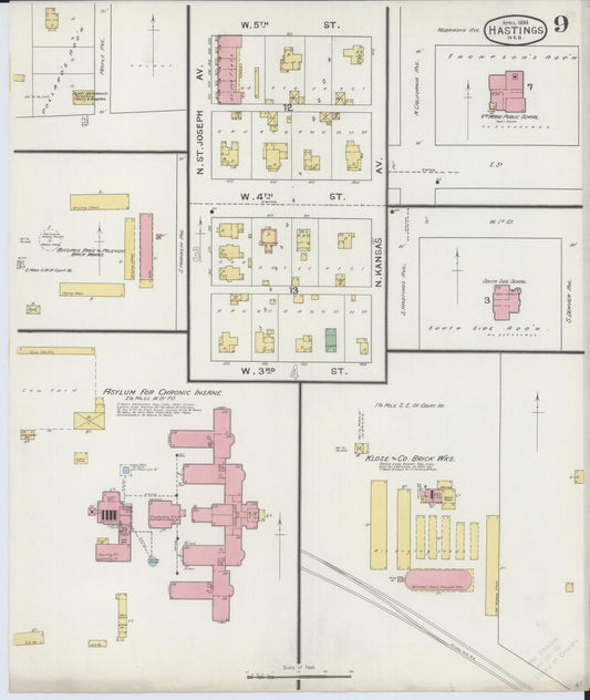Sanborn Fire Insurance Map from Hastings, Adams County, Nebraska (1894), Sheet #0009 - Historic Sanborn Fire Insurance Map Print, vintage old map wall art, antique decor, genealogy gift, Nebraska Nebraska map