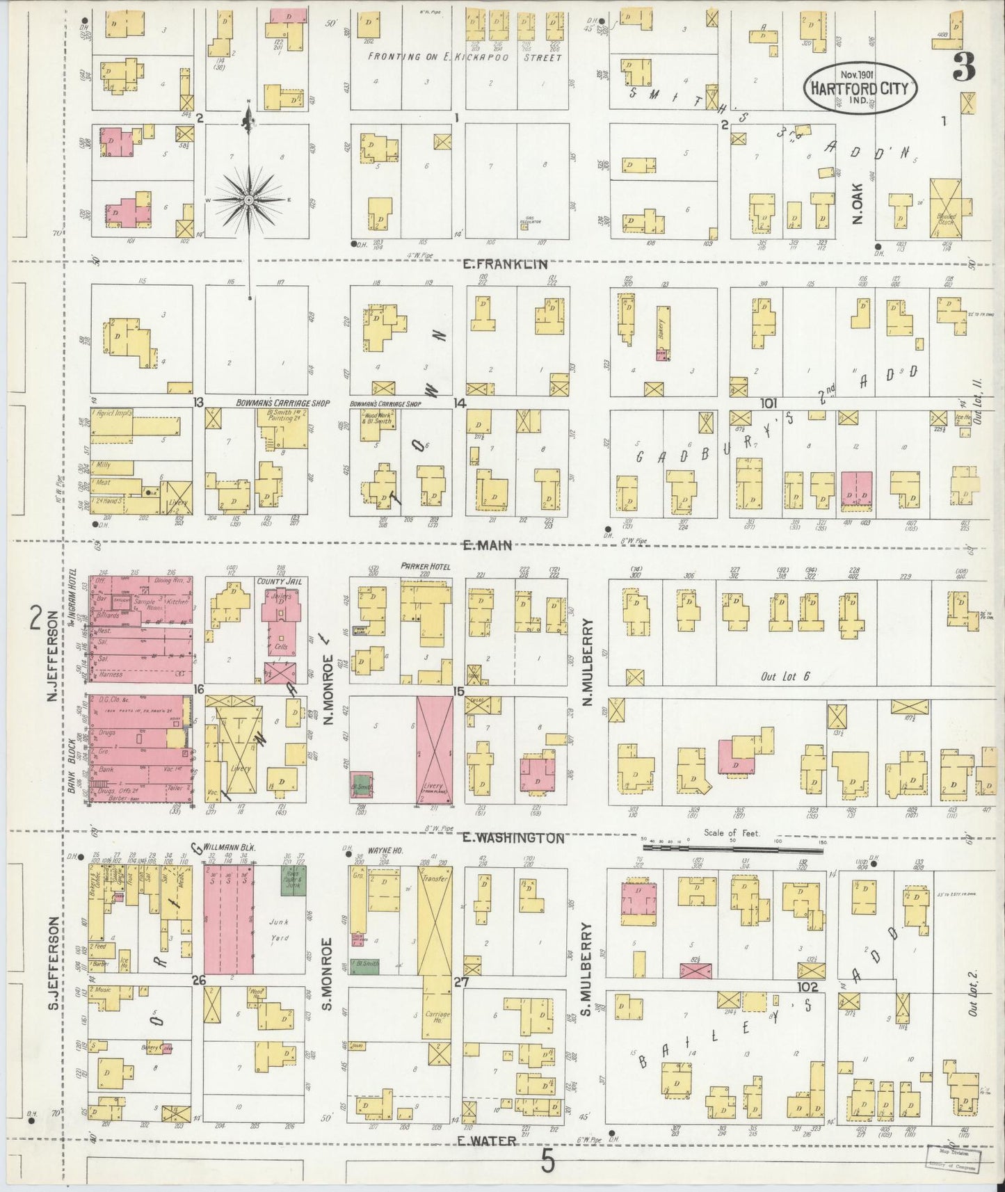 Sanborn Fire Insurance Map from Hartford City, Blackford County, Indiana (1901), Sheet #0003 - Complete Map Set gallery image, historic Sanborn map, vintage wall art, Indiana Indiana