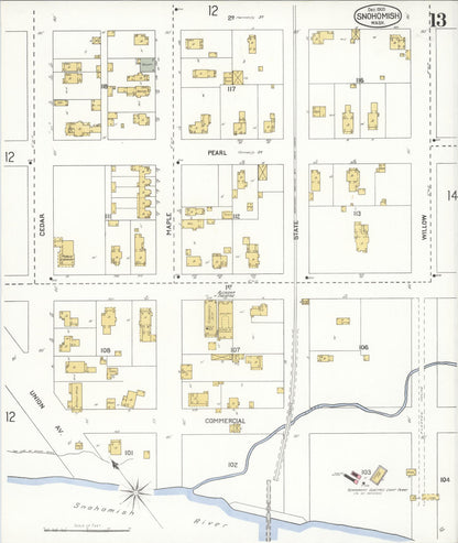 Sanborn Fire Insurance Map from Snohomish, Snohomish County, Washington (1905), Sheet #0013 - Complete Map Set gallery image, historic Sanborn map, vintage wall art, Washington Washington