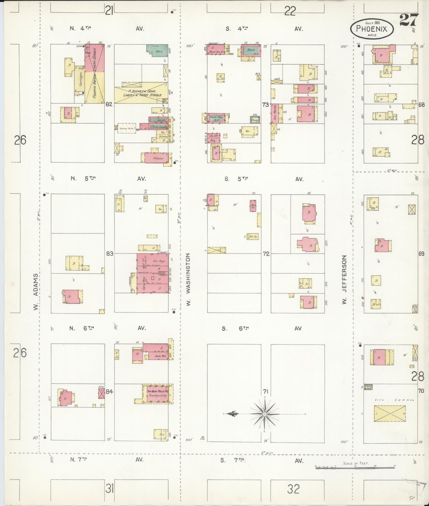 Sanborn Fire Insurance Map from Phoenix, Maricopa County, Arizona (1901), Sheet #0027 - Historic Sanborn Fire Insurance Map Print, vintage old map wall art, antique decor, genealogy gift, Arizona Arizona map