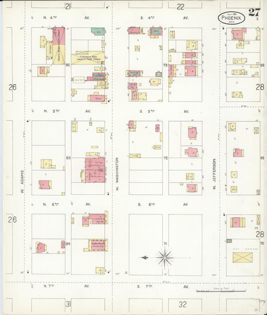 Sanborn Fire Insurance Map from Phoenix, Maricopa County, Arizona (1901), Sheet #0027 - Historic Sanborn Fire Insurance Map Print, vintage old map wall art, antique decor, genealogy gift, Arizona Arizona map