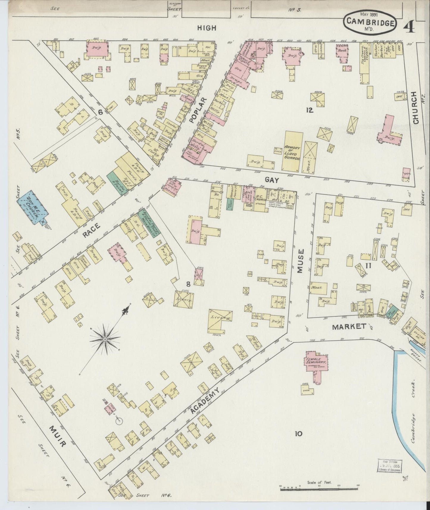 Dorchester, Maryland - 1891 - Sanborn Fire Insurance Map, Sheet #0003 - Historic Sanborn Fire Insurance Map Print, Dorchester Maryland 1891 0003 vintage old map wall art