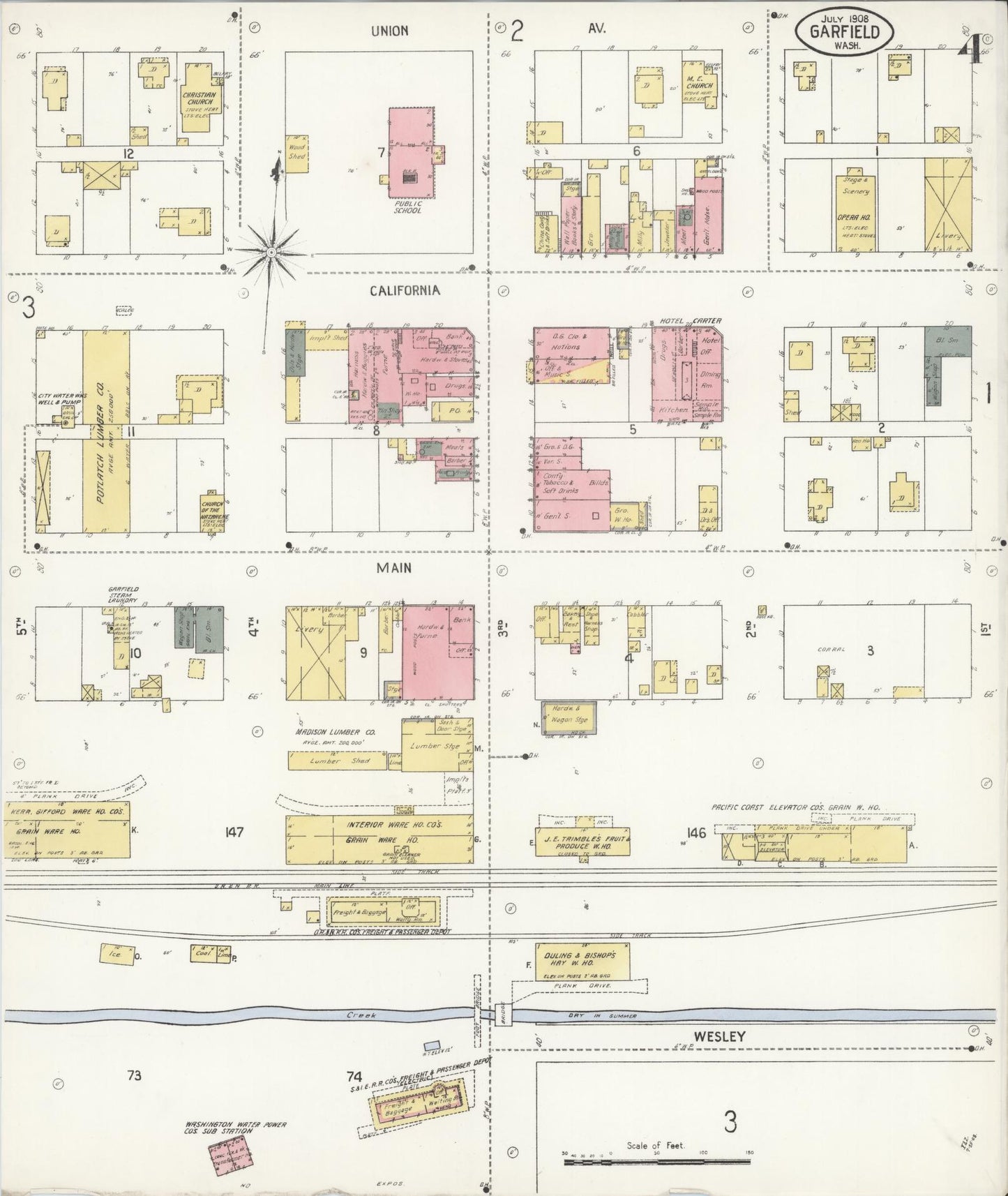 Sanborn Fire Insurance Map from Garfield, Whitman County, Washington (1908), Sheet #0004 - Historic Sanborn Fire Insurance Map Print, vintage old map wall art, antique decor, genealogy gift, Washington Washington map