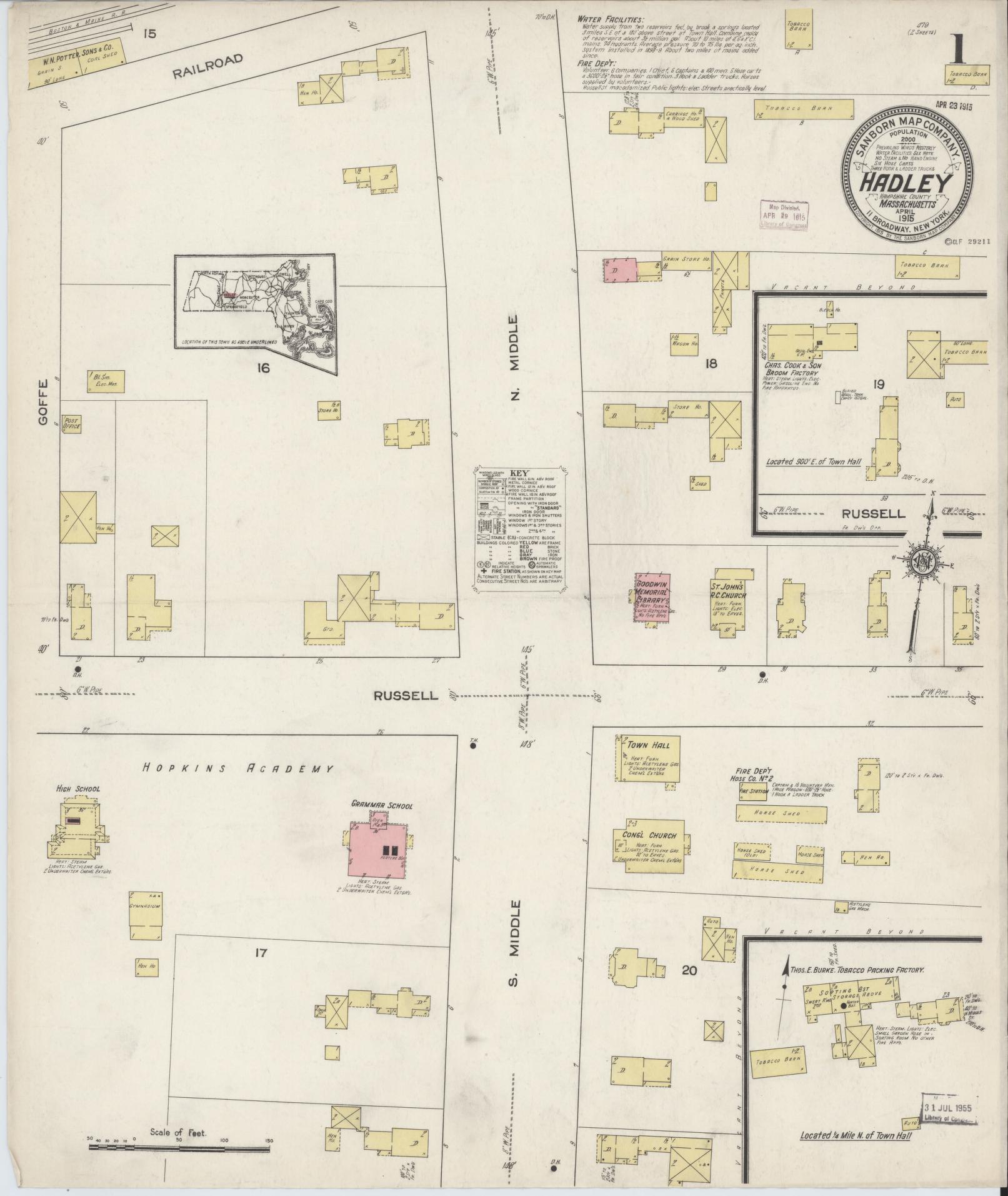 Sanborn Fire Insurance Map from Hadley, Hampshire County, Massachusetts (1915), Sheet #0001 - Complete Map Set gallery image, historic Sanborn map, vintage wall art, Massachusetts Massachusetts