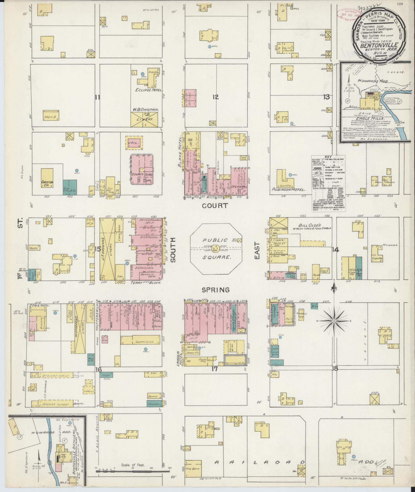 Sanborn Fire Insurance Map from Bentonville, Benton County, Arkansas (1892), Sheet #0001 - Historic Sanborn Fire Insurance Map Print, vintage old map wall art, antique decor, genealogy gift, Arkansas Arkansas map