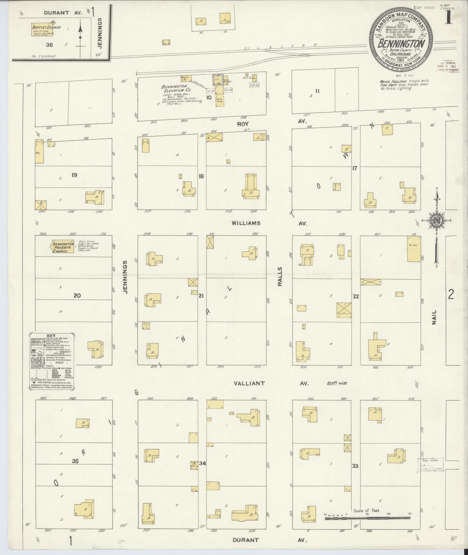 Sanborn Fire Insurance Map from Bennington, Bryan County, Oklahoma (1911), Sheet #0001 - Historic Sanborn Fire Insurance Map Print, vintage old map wall art, antique decor, genealogy gift, Oklahoma Oklahoma map