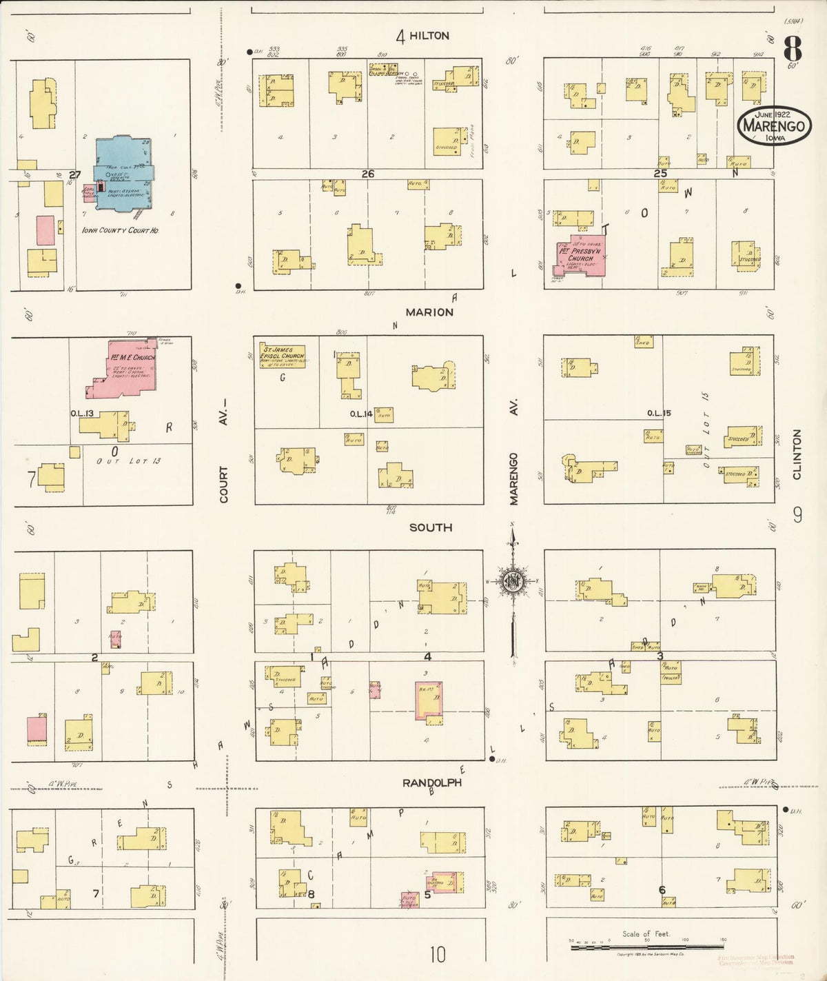 Sanborn Fire Insurance Map from Marengo, Iowa County, Iowa (1922), Sheet #0008 - Historic Sanborn Fire Insurance Map Print, vintage old map wall art