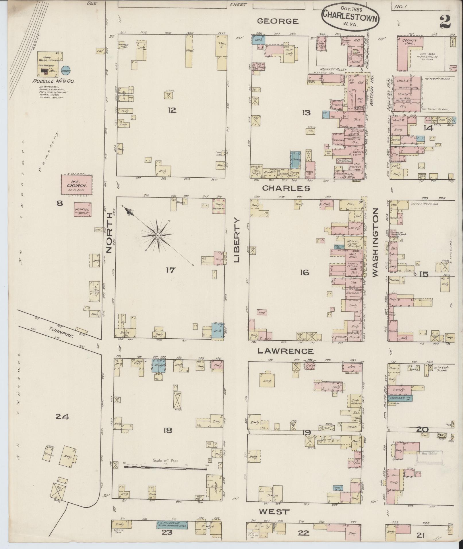 Sanborn Fire Insurance Map from Charles Town, Jefferson County, West Virginia (1885), Sheet #0002 - Complete Map Set gallery image, historic Sanborn map, vintage wall art, West Virginia West Virginia