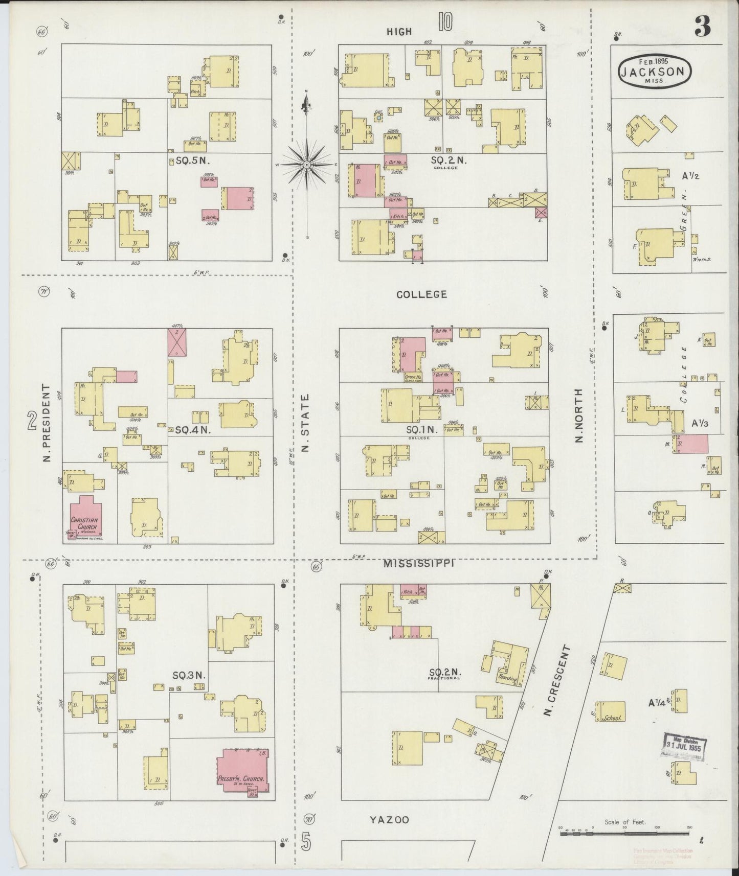 Sanborn Fire Insurance Map from Jackson, Hinds County, Mississippi (1895), Sheet #0003 - Complete Map Set gallery image, historic Sanborn map, vintage wall art, Mississippi Mississippi
