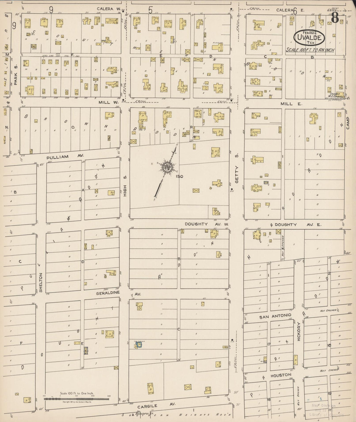 Sanborn Fire Insurance Map from Uvalde, Uvalde County, Texas (1922), Sheet #0008 - Historic Sanborn Fire Insurance Map Print, vintage old map wall art, antique decor, genealogy gift, Texas Texas map